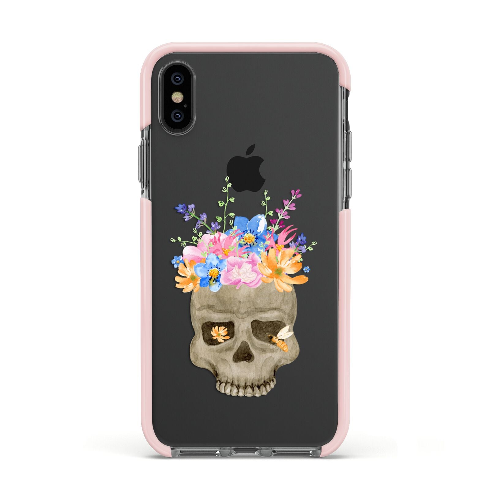 Halloween Flower Skull Apple iPhone Xs Impact Case Pink Edge on Black Phone