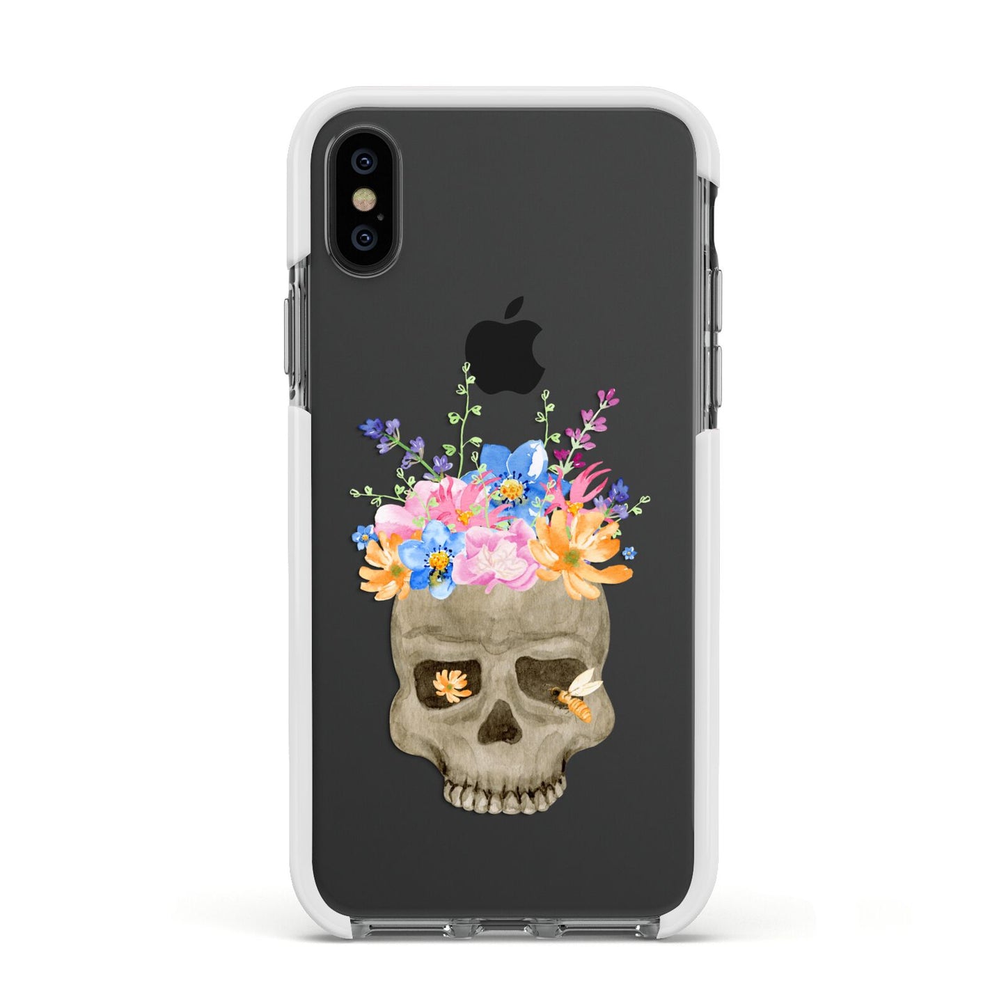 Halloween Flower Skull Apple iPhone Xs Impact Case White Edge on Black Phone