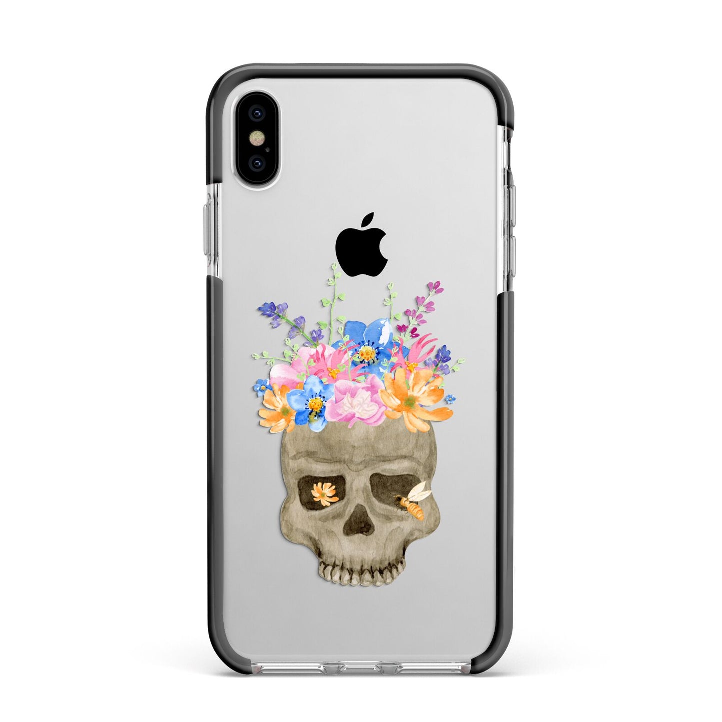 Halloween Flower Skull Apple iPhone Xs Max Impact Case Black Edge on Silver Phone