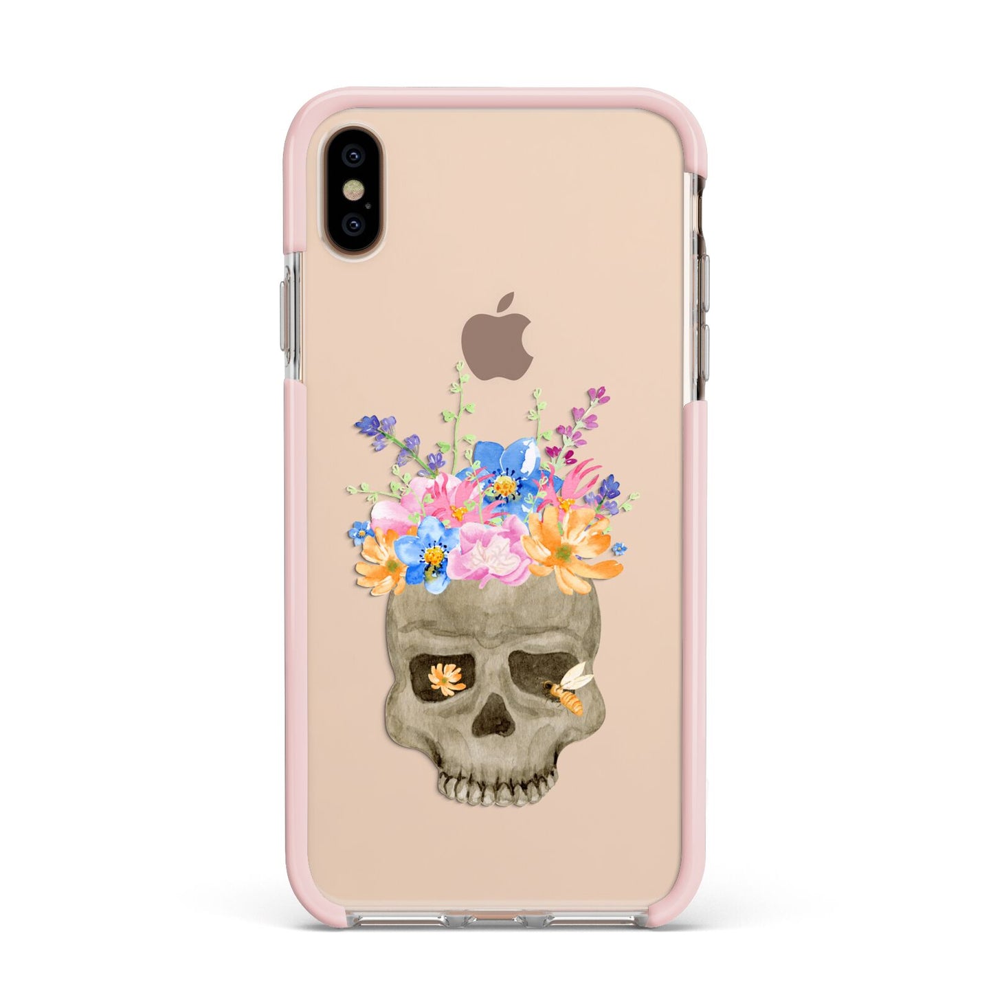 Halloween Flower Skull Apple iPhone Xs Max Impact Case Pink Edge on Gold Phone