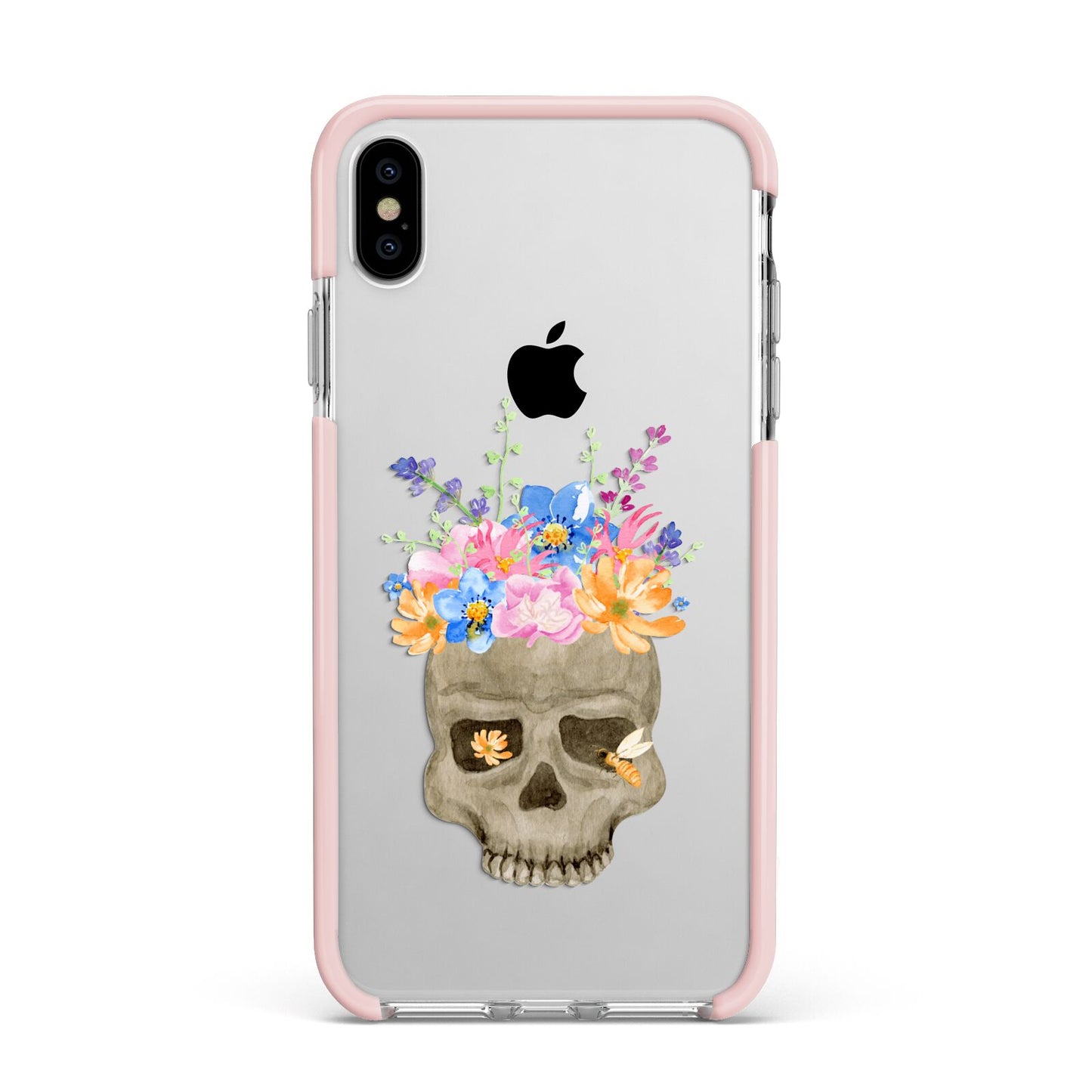 Halloween Flower Skull Apple iPhone Xs Max Impact Case Pink Edge on Silver Phone