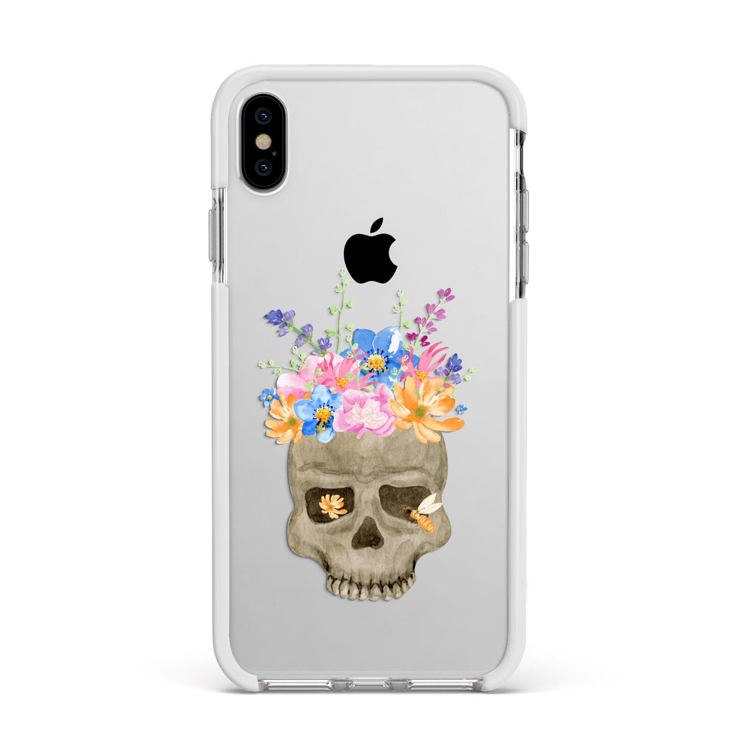 Halloween Flower Skull Apple iPhone Xs Max Impact Case White Edge on Silver Phone