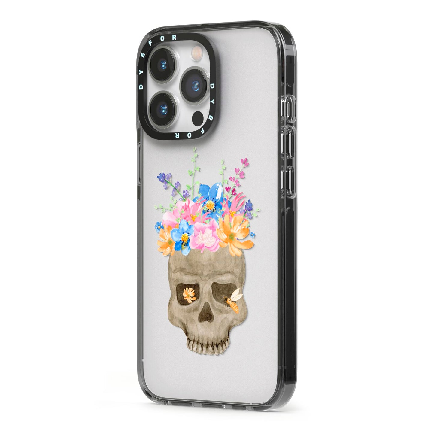 Halloween Flower Skull iPhone 13 Pro Black Impact Case Side Angle on Silver phone