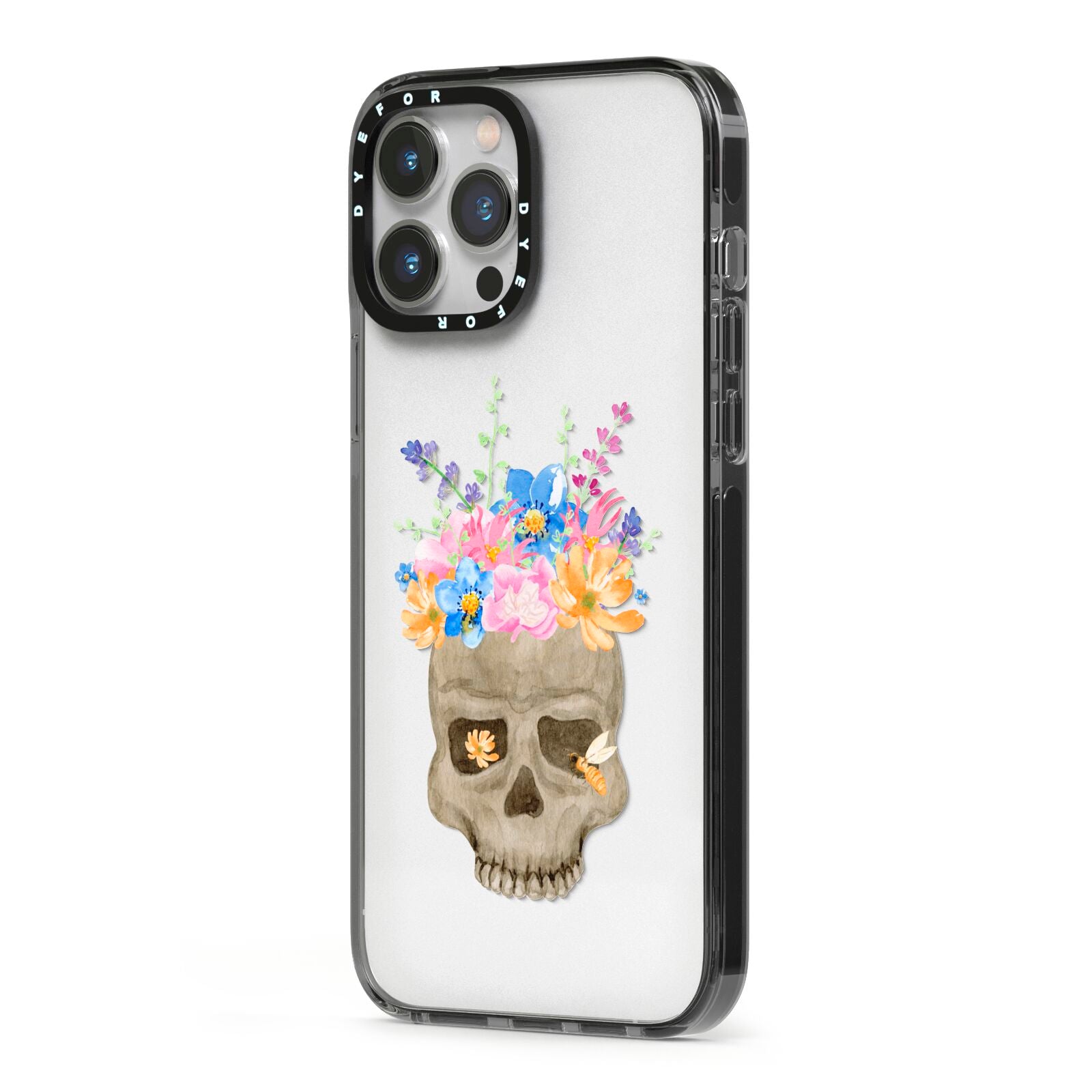 Halloween Flower Skull iPhone 13 Pro Max Black Impact Case Side Angle on Silver phone
