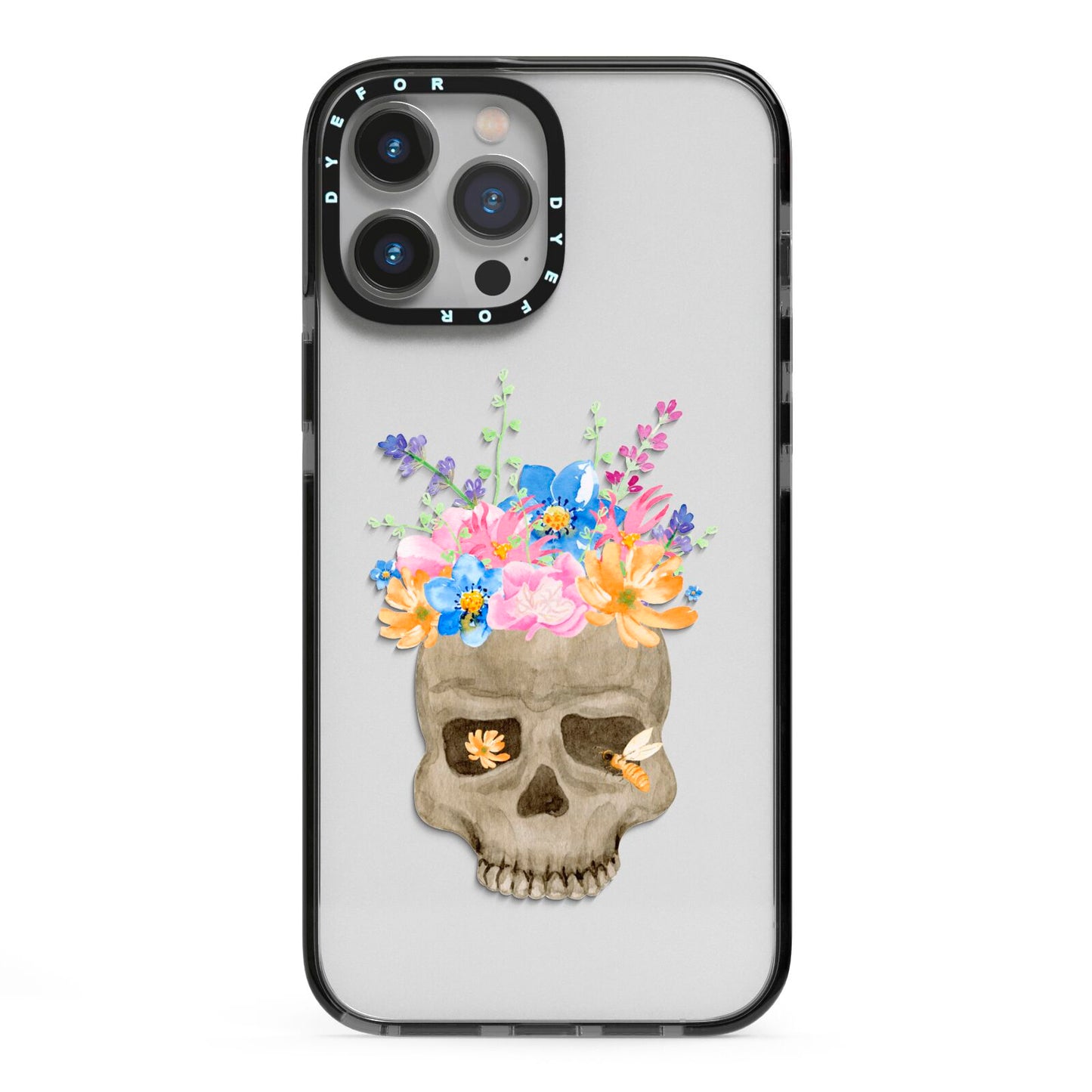 Halloween Flower Skull iPhone 13 Pro Max Black Impact Case on Silver phone