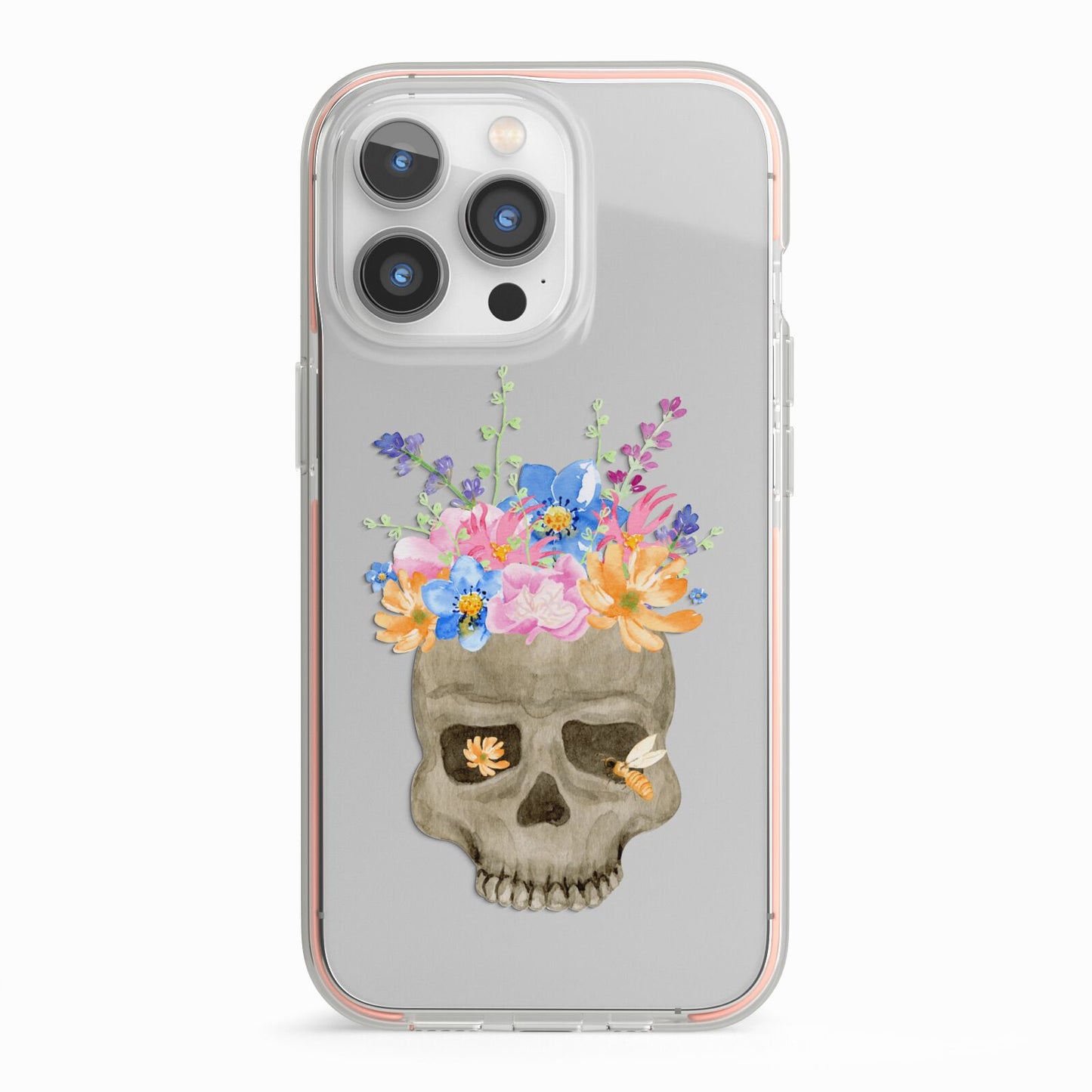 Halloween Flower Skull iPhone 13 Pro TPU Impact Case with Pink Edges