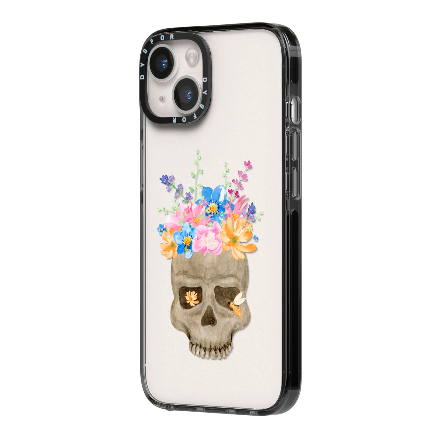 Halloween Flower Skull iPhone 14 Black Impact Case Side Angle on Silver phone