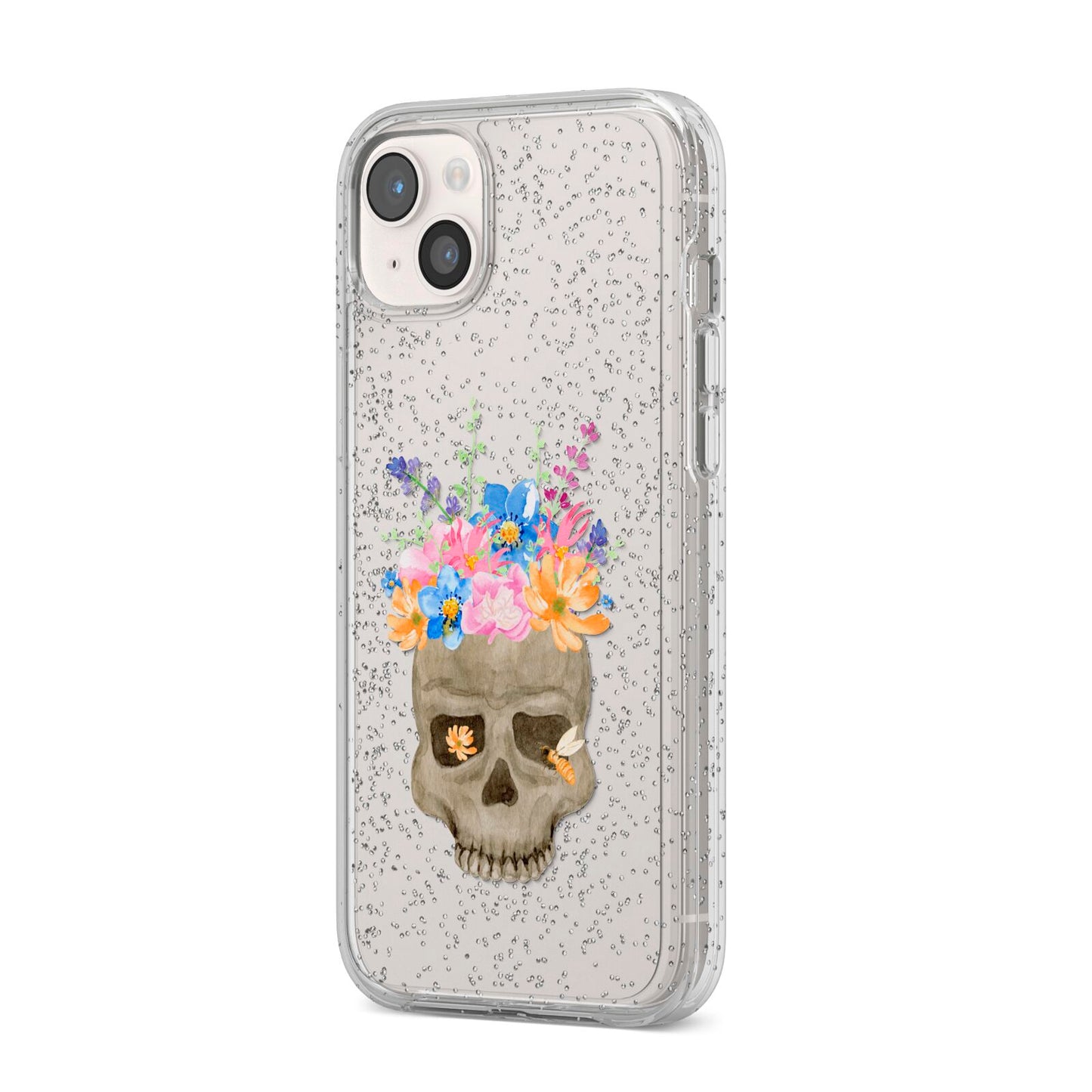 Halloween Flower Skull iPhone 14 Plus Glitter Tough Case Starlight Angled Image