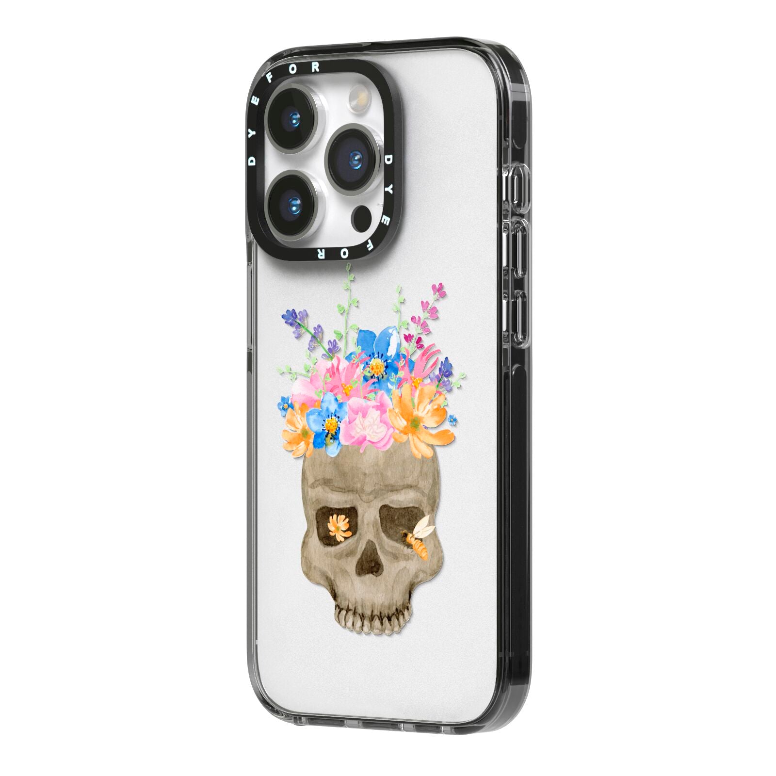 Halloween Flower Skull iPhone 14 Pro Black Impact Case Side Angle on Silver phone