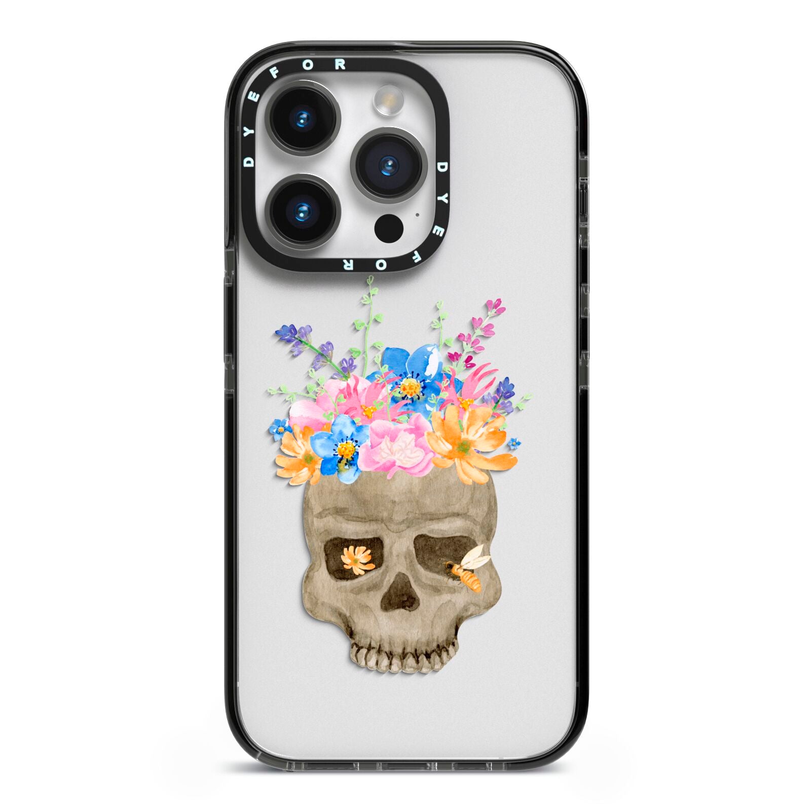 Halloween Flower Skull iPhone 14 Pro Black Impact Case on Silver phone