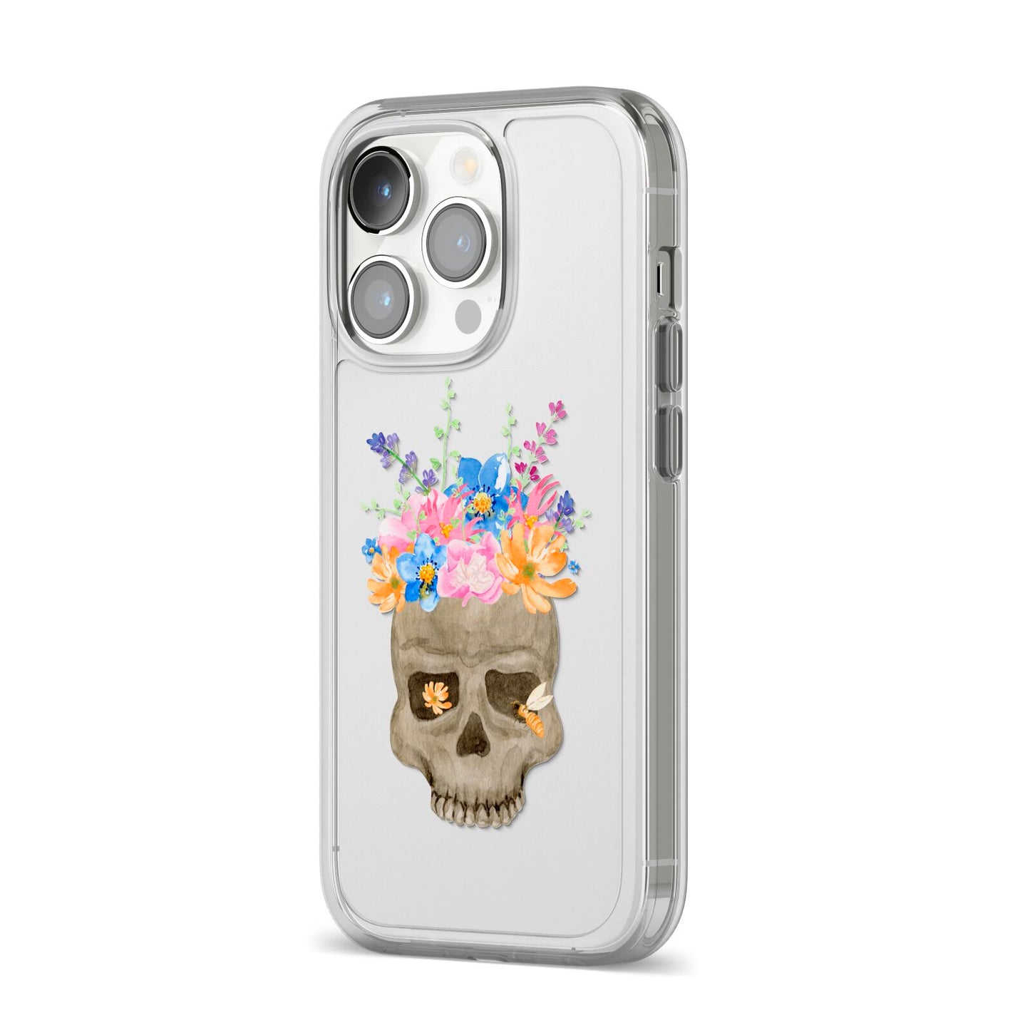 Halloween Flower Skull iPhone 14 Pro Clear Tough Case Silver Angled Image