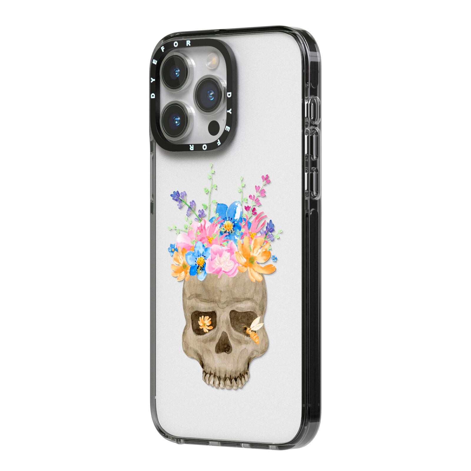 Halloween Flower Skull iPhone 14 Pro Max Black Impact Case Side Angle on Silver phone