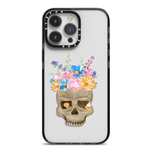 Halloween Flower Skull iPhone 14 Pro Max Black Impact Case on Silver phone