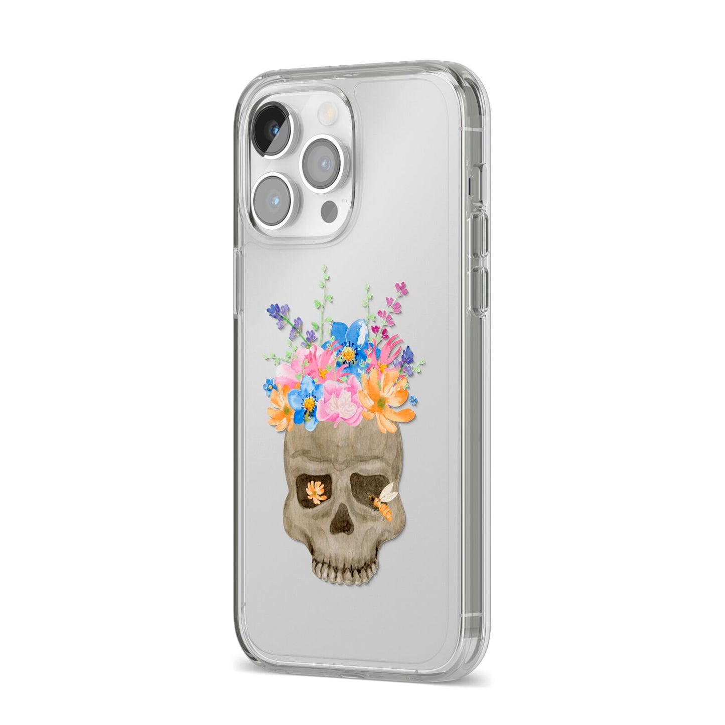 Halloween Flower Skull iPhone 14 Pro Max Clear Tough Case Silver Angled Image