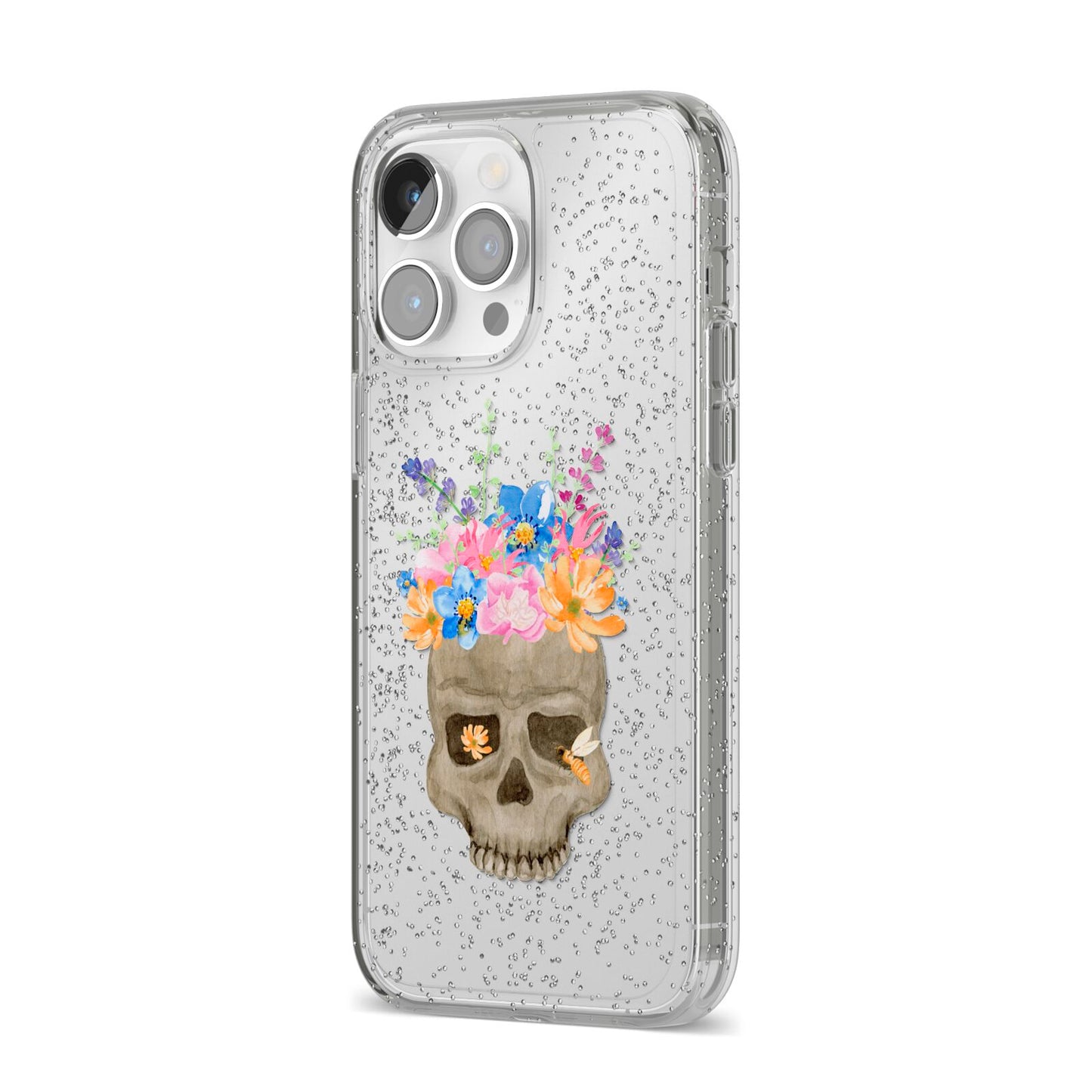 Halloween Flower Skull iPhone 14 Pro Max Glitter Tough Case Silver Angled Image
