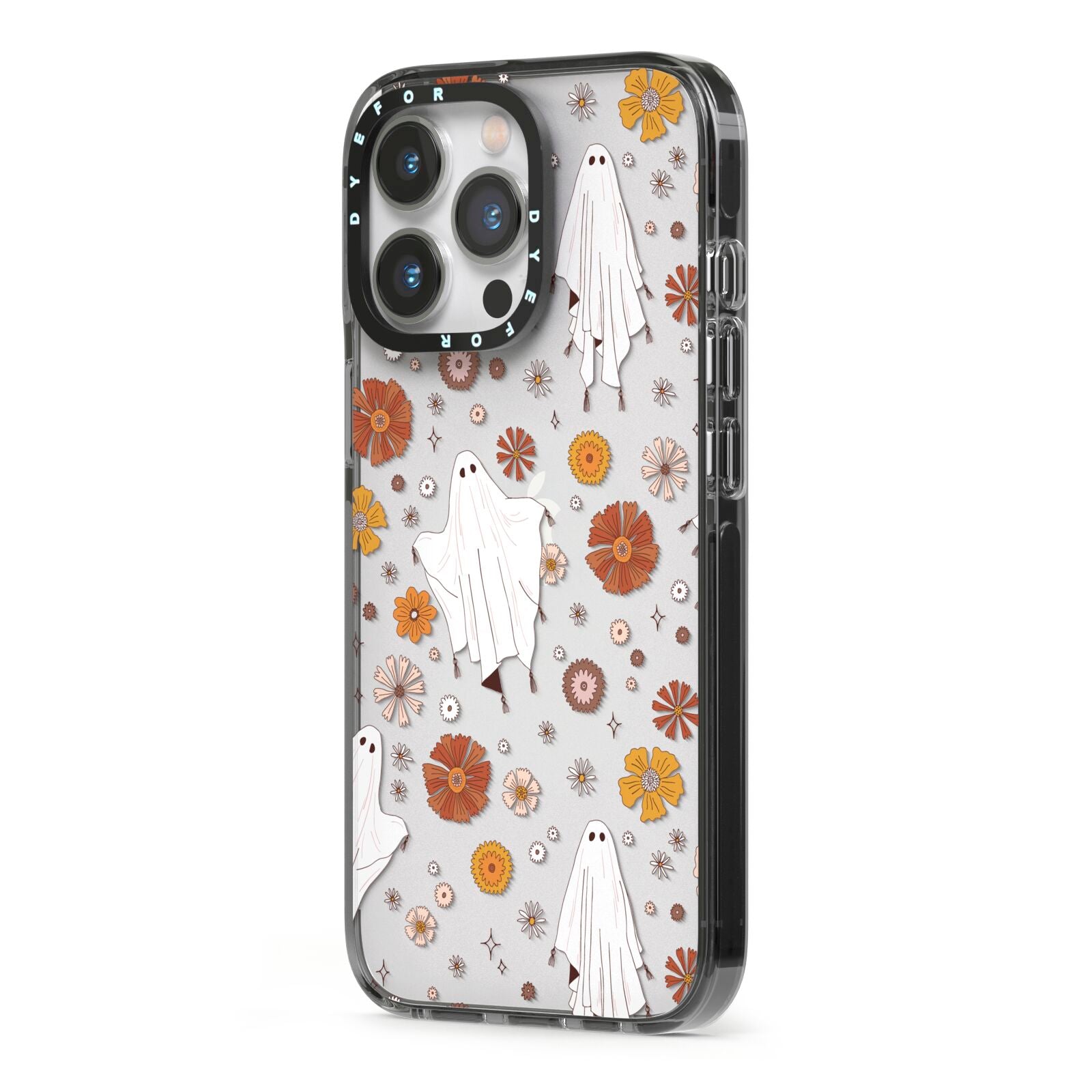 Halloween Ghost iPhone 13 Pro Black Impact Case Side Angle on Silver phone