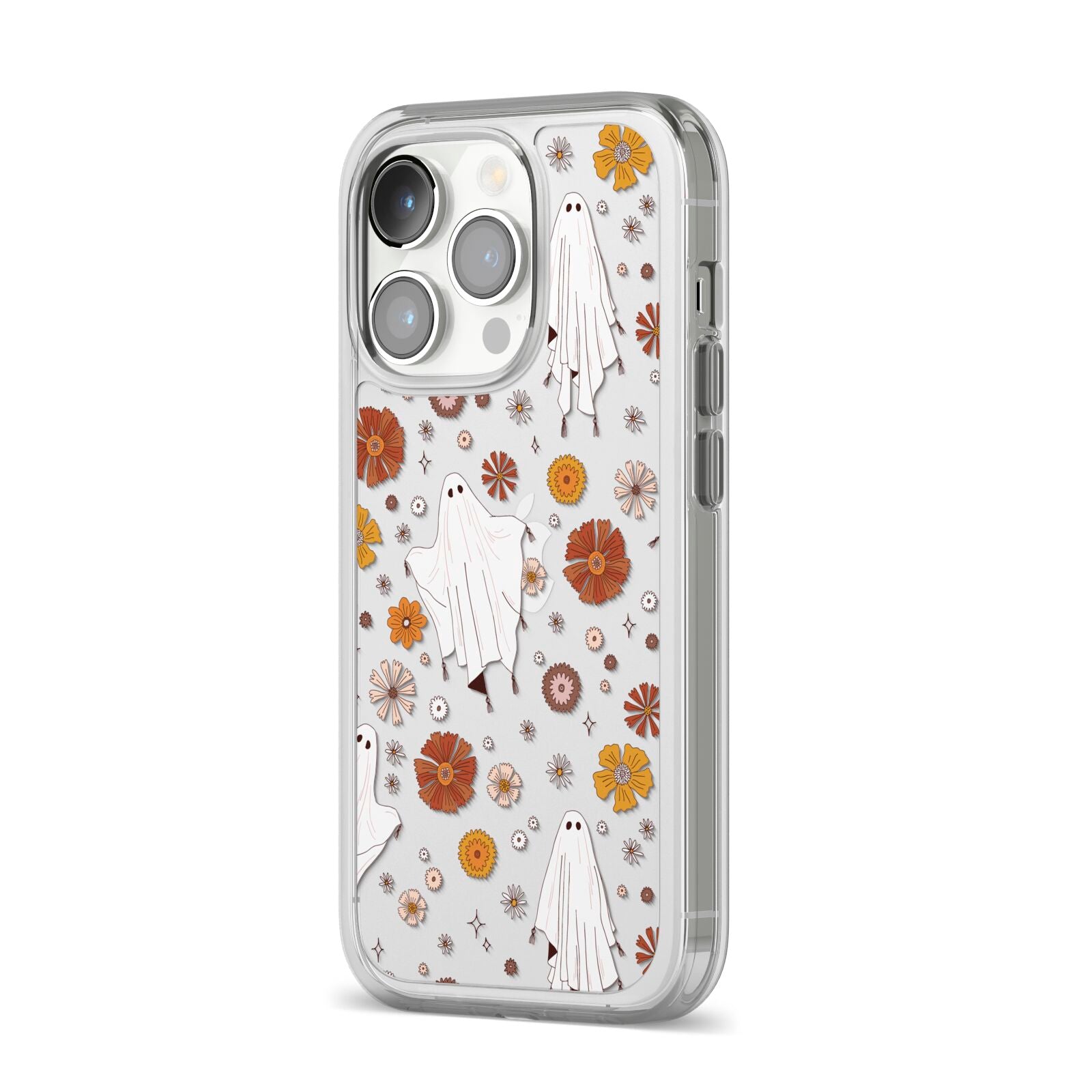 Halloween Ghost iPhone 14 Pro Clear Tough Case Silver Angled Image