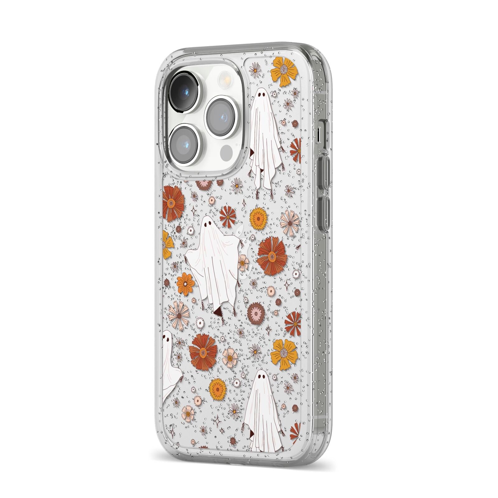 Halloween Ghost iPhone 14 Pro Glitter Tough Case Silver Angled Image