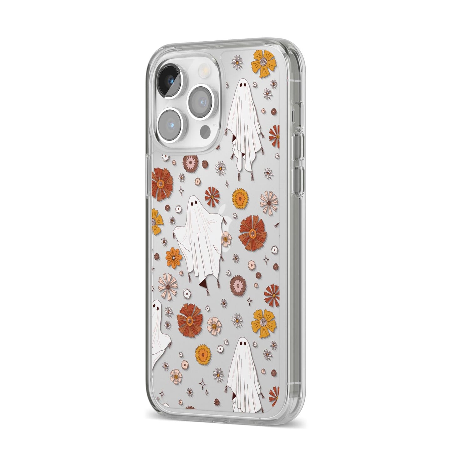 Halloween Ghost iPhone 14 Pro Max Clear Tough Case Silver Angled Image