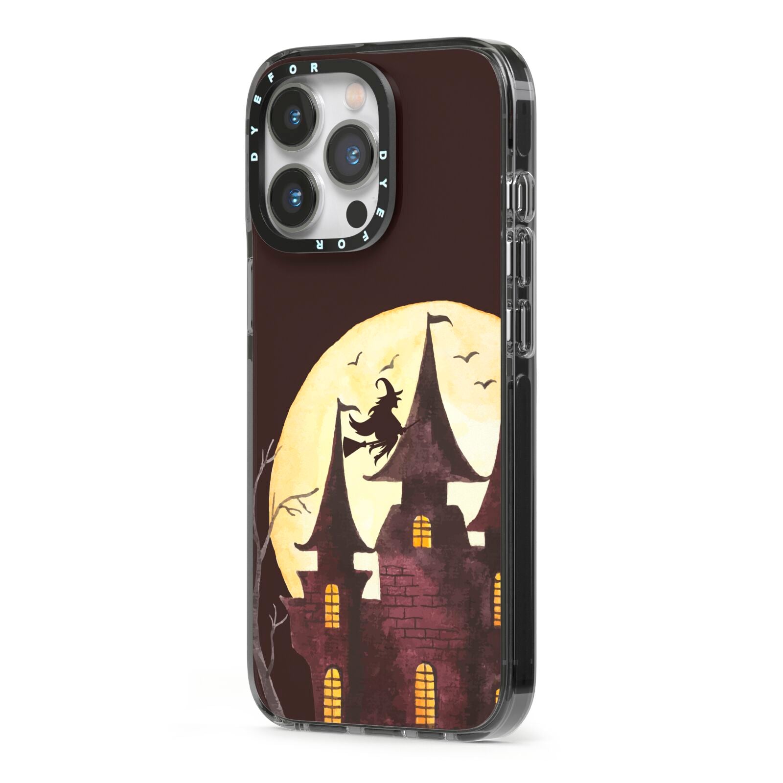 Halloween Haunted House iPhone 13 Pro Black Impact Case Side Angle on Silver phone