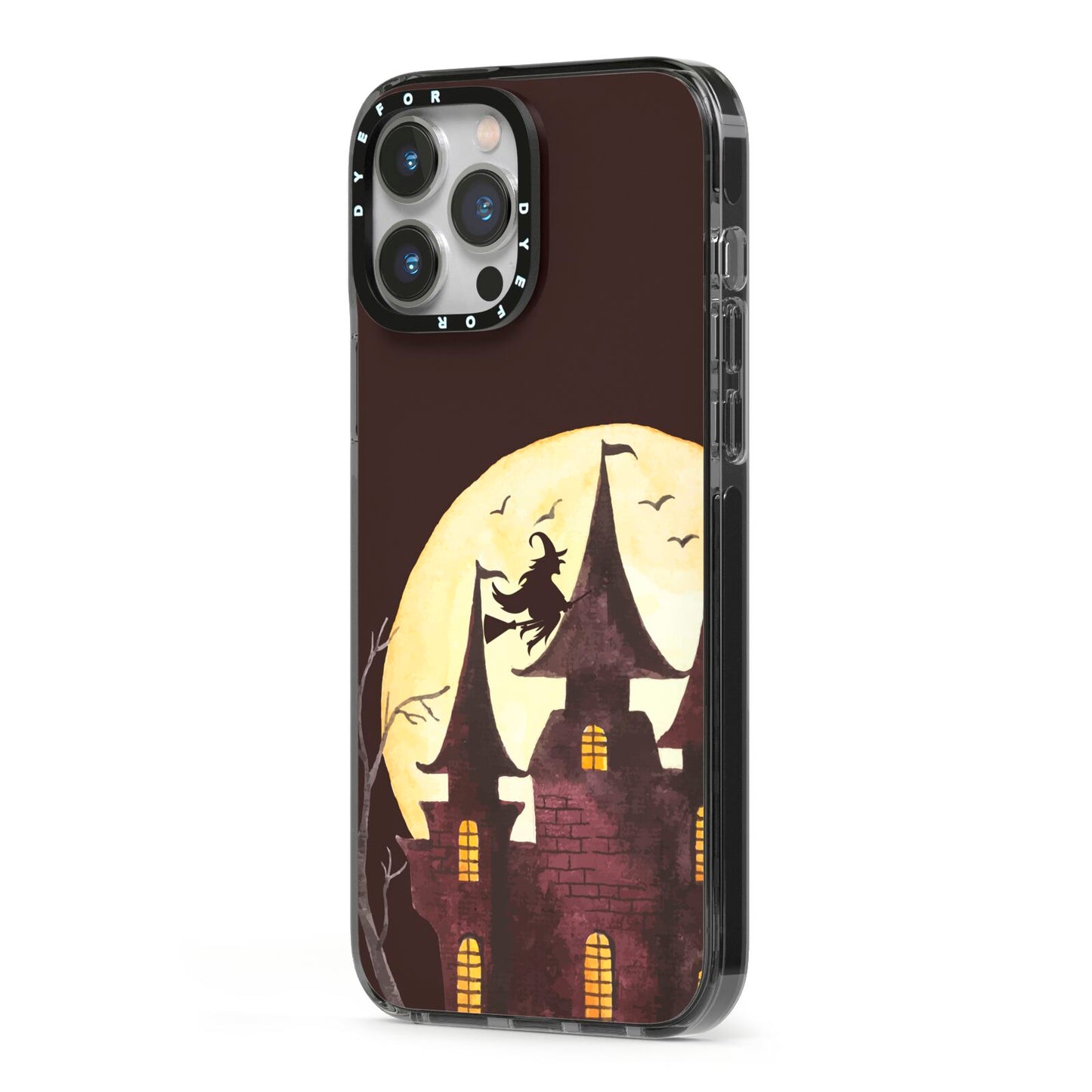 Halloween Haunted House iPhone 13 Pro Max Black Impact Case Side Angle on Silver phone