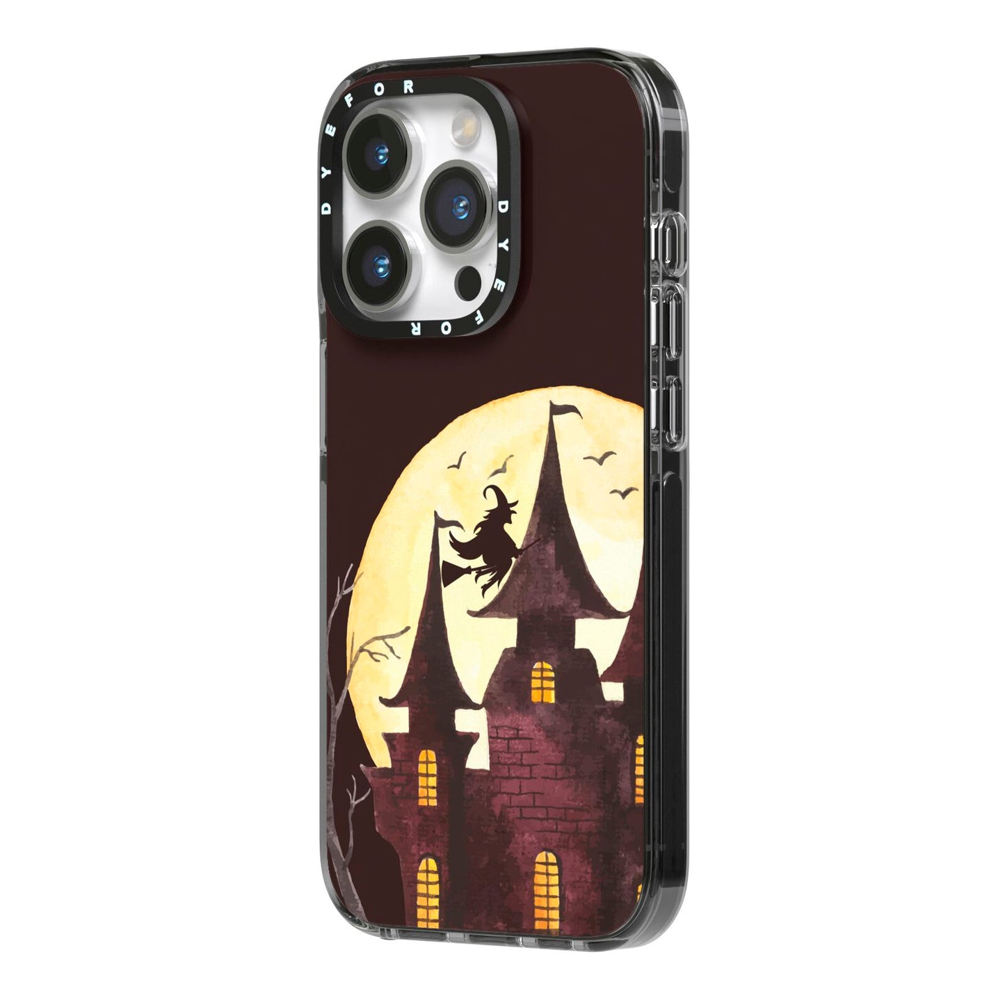 Halloween Haunted House iPhone 14 Pro Black Impact Case Side Angle on Silver phone