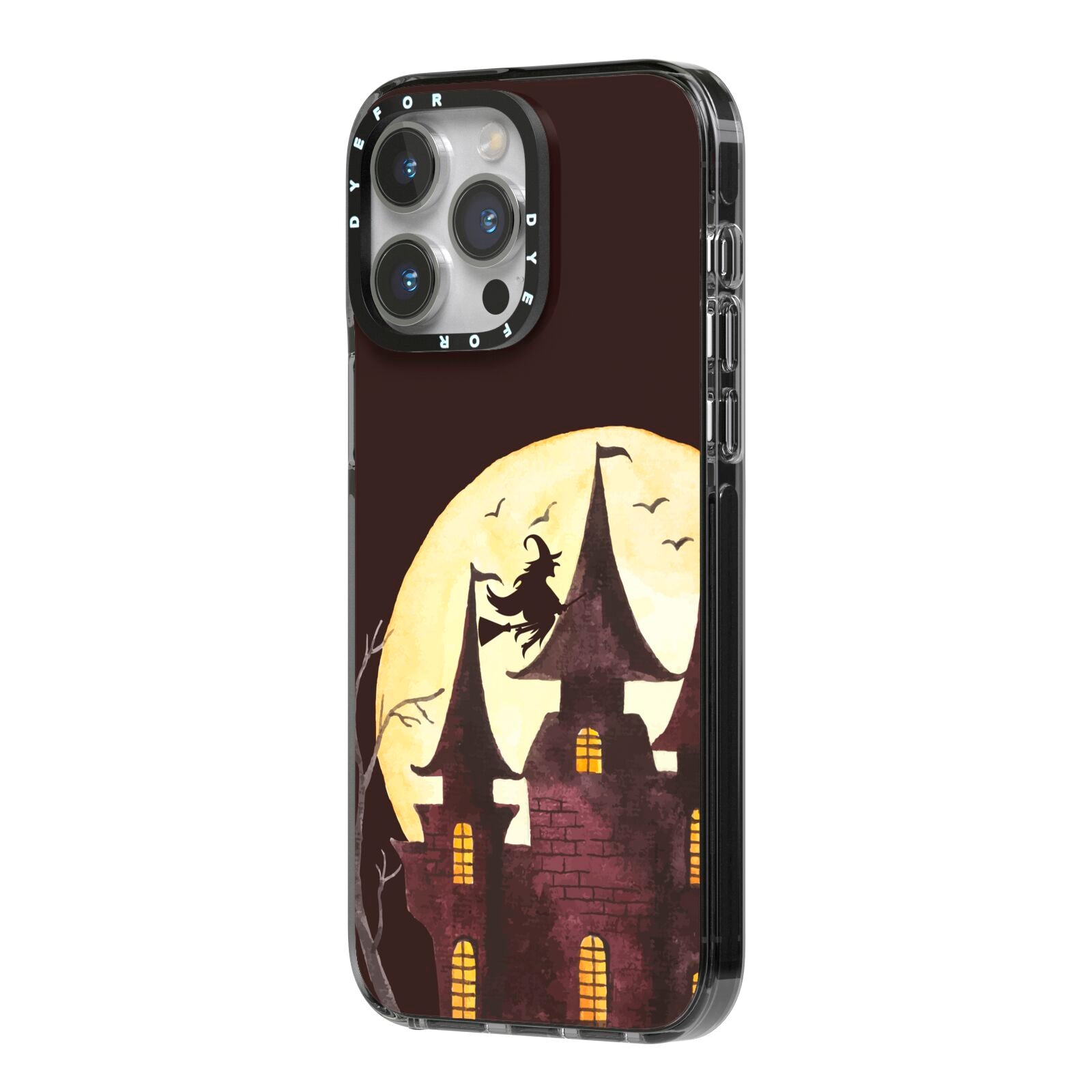 Halloween Haunted House iPhone 14 Pro Max Black Impact Case Side Angle on Silver phone