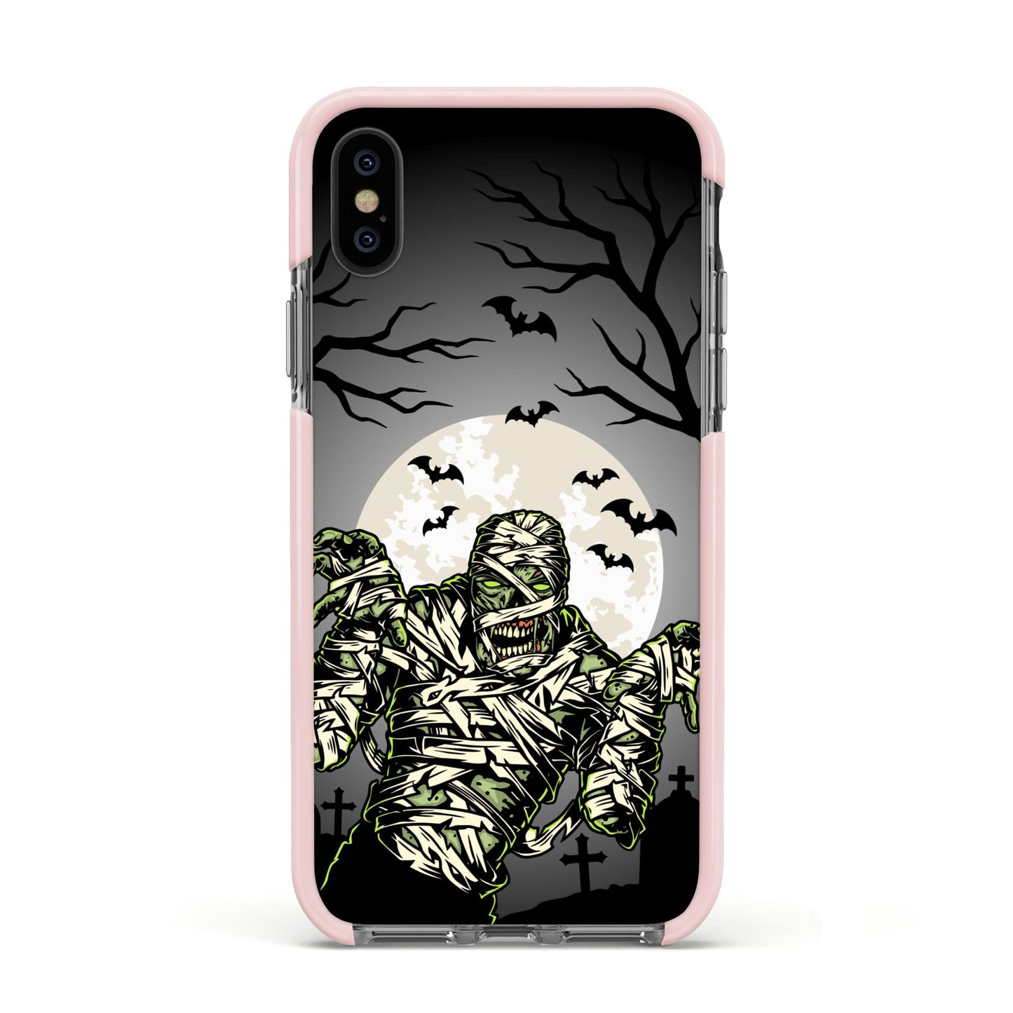 Halloween Mummy Apple iPhone Xs Impact Case Pink Edge on Black Phone