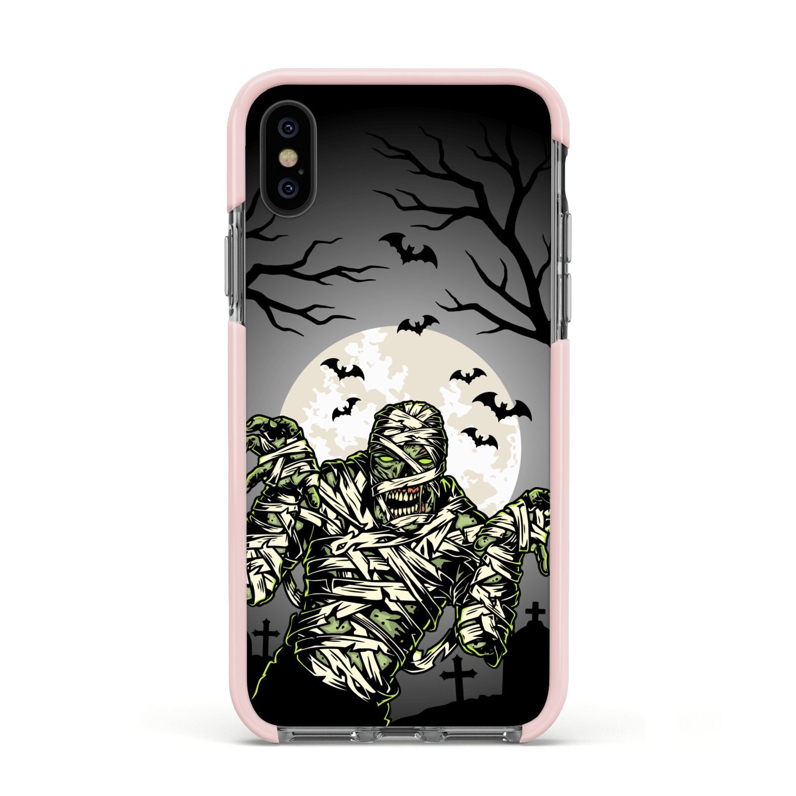 Halloween Mummy Apple iPhone Xs Impact Case Pink Edge on Black Phone