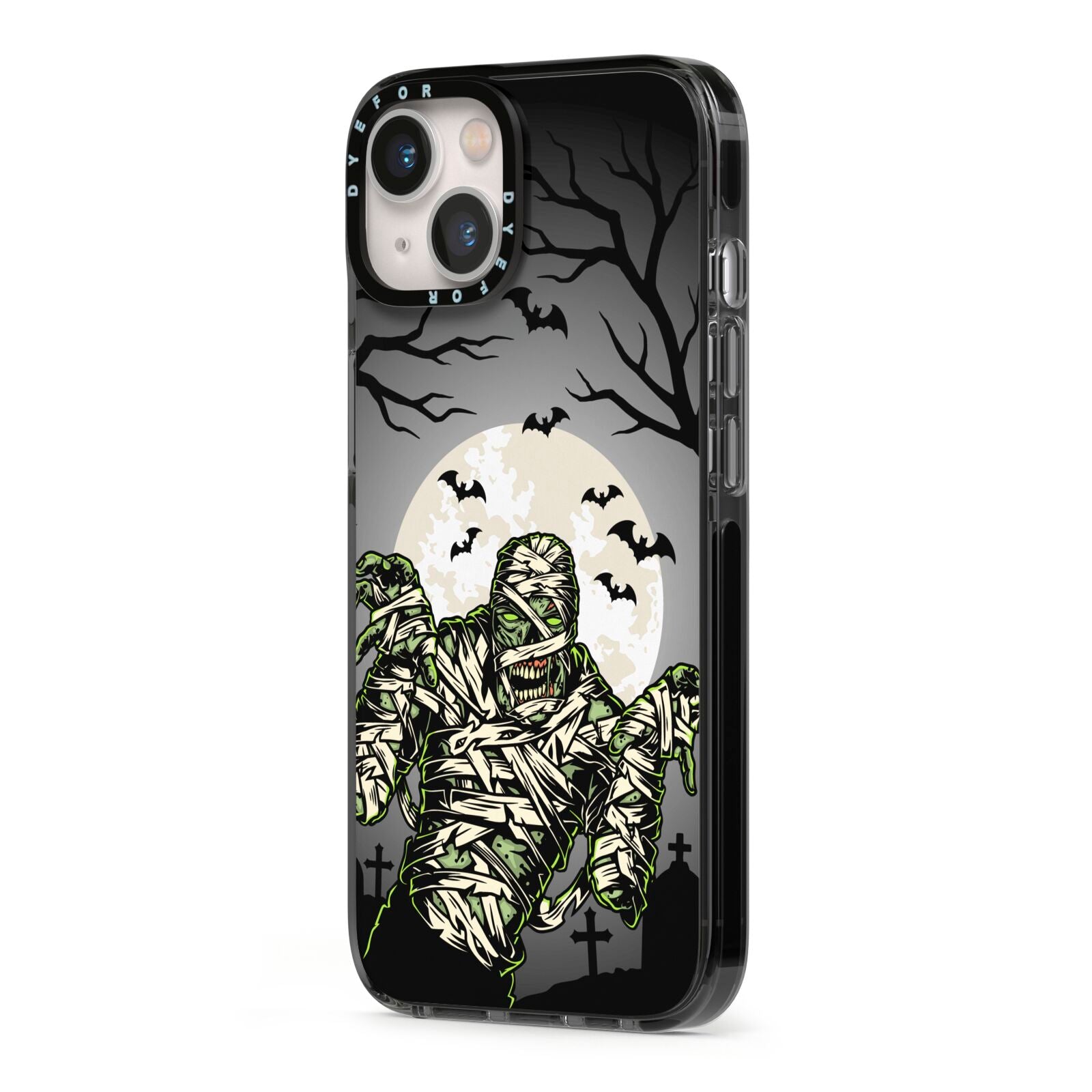 Halloween Mummy iPhone 13 Black Impact Case Side Angle on Silver phone