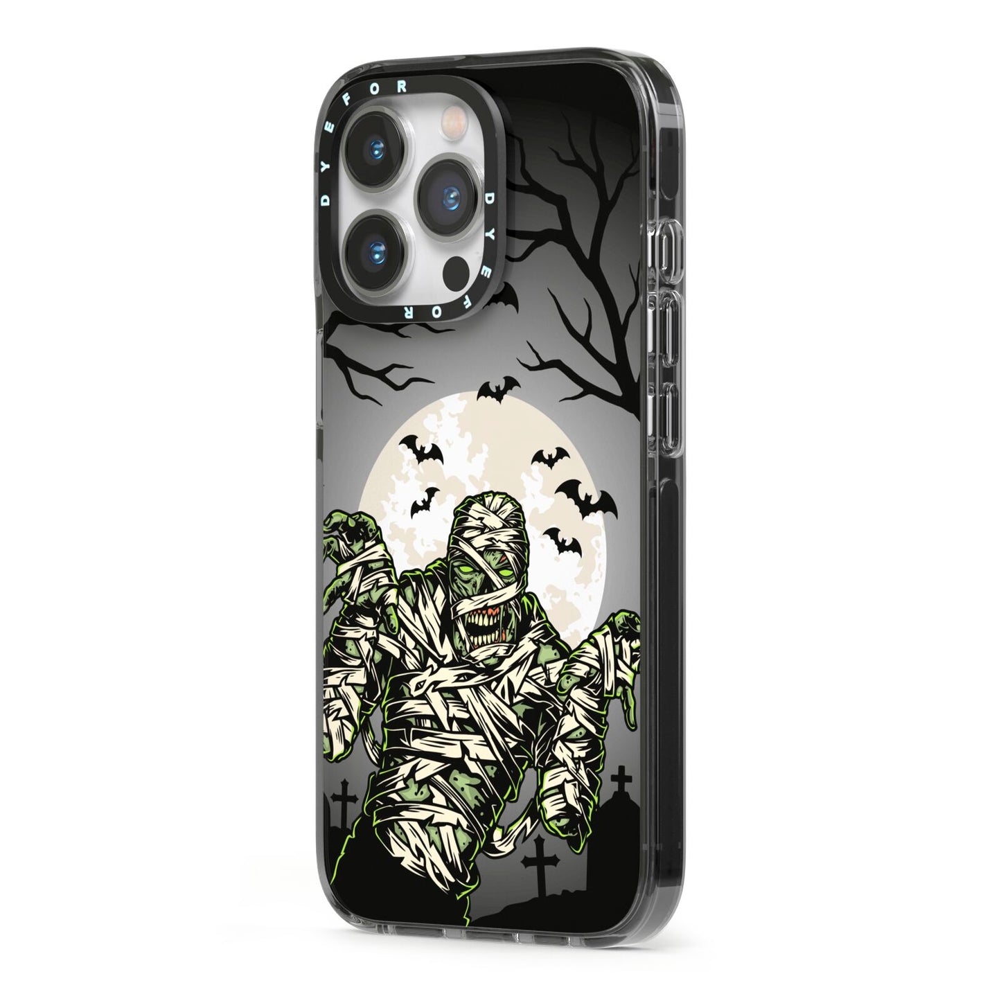 Halloween Mummy iPhone 13 Pro Black Impact Case Side Angle on Silver phone