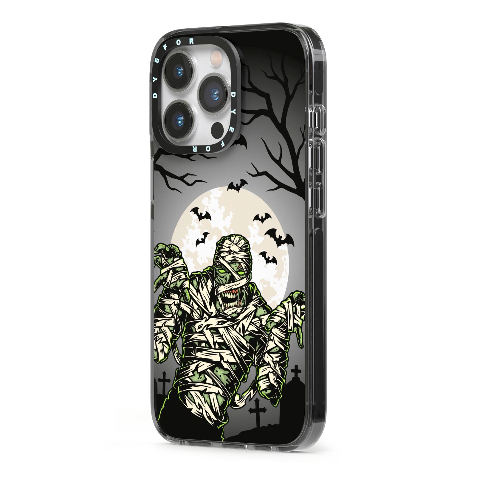 Halloween Mummy iPhone 13 Pro Black Impact Case Side Angle on Silver phone