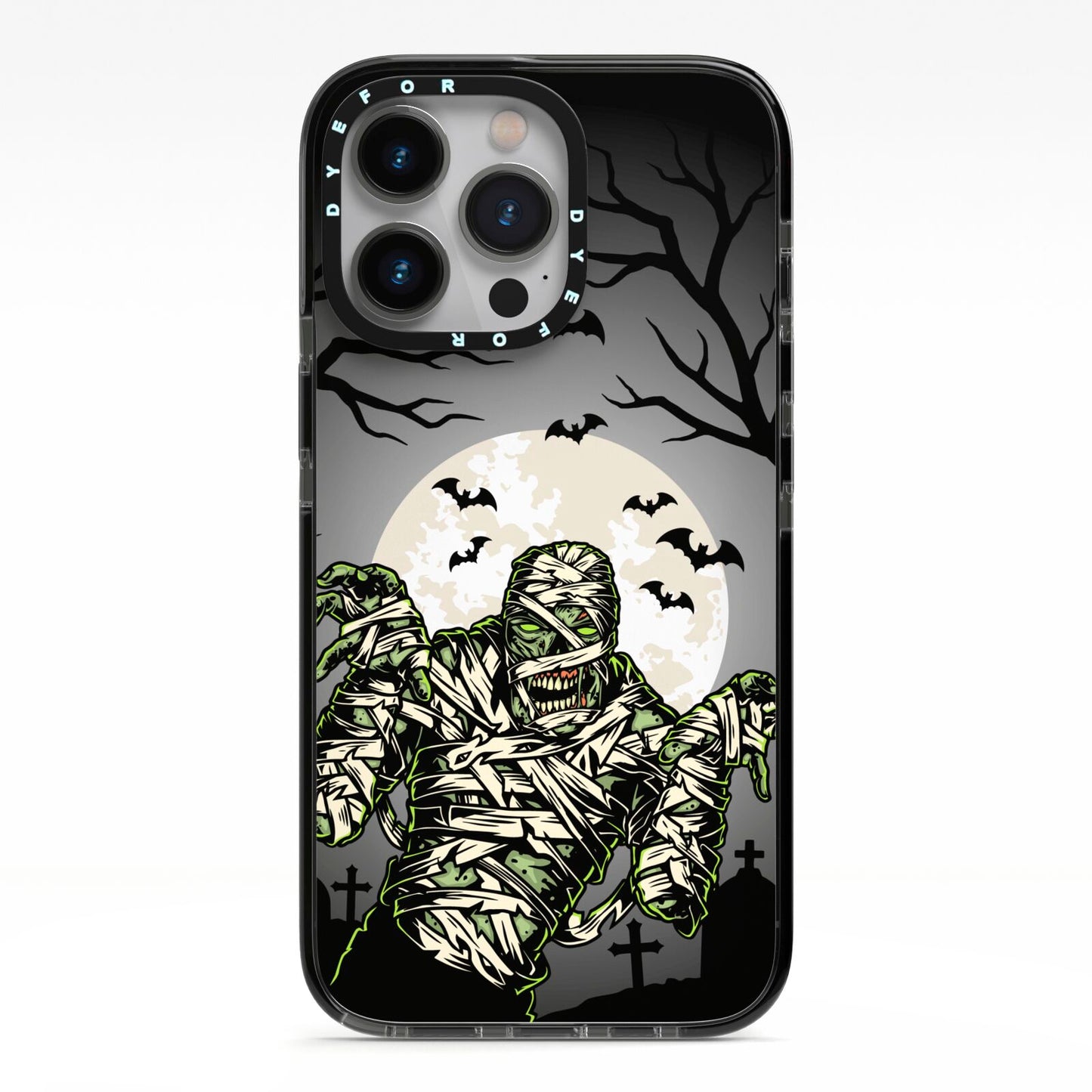 Halloween Mummy iPhone 13 Pro Black Impact Case on Silver phone
