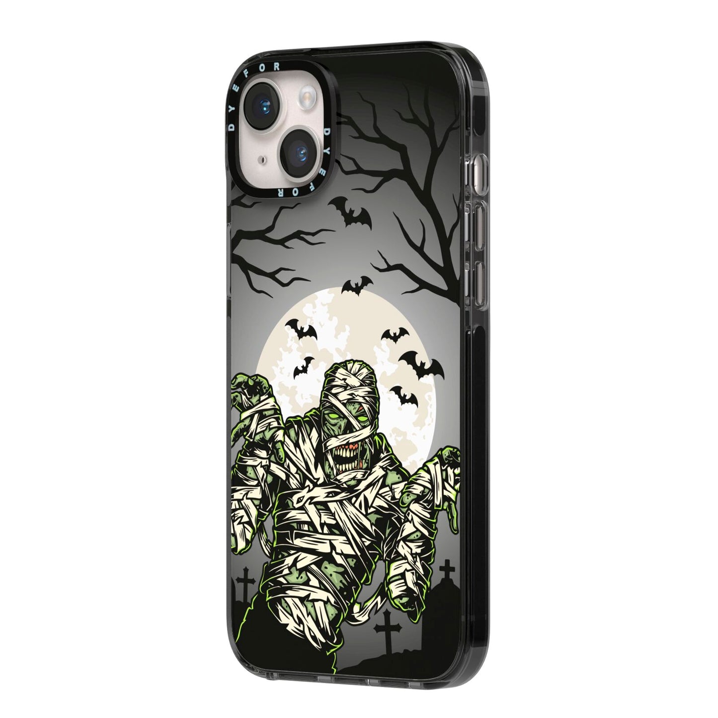 Halloween Mummy iPhone 14 Plus Black Impact Case Side Angle on Silver phone
