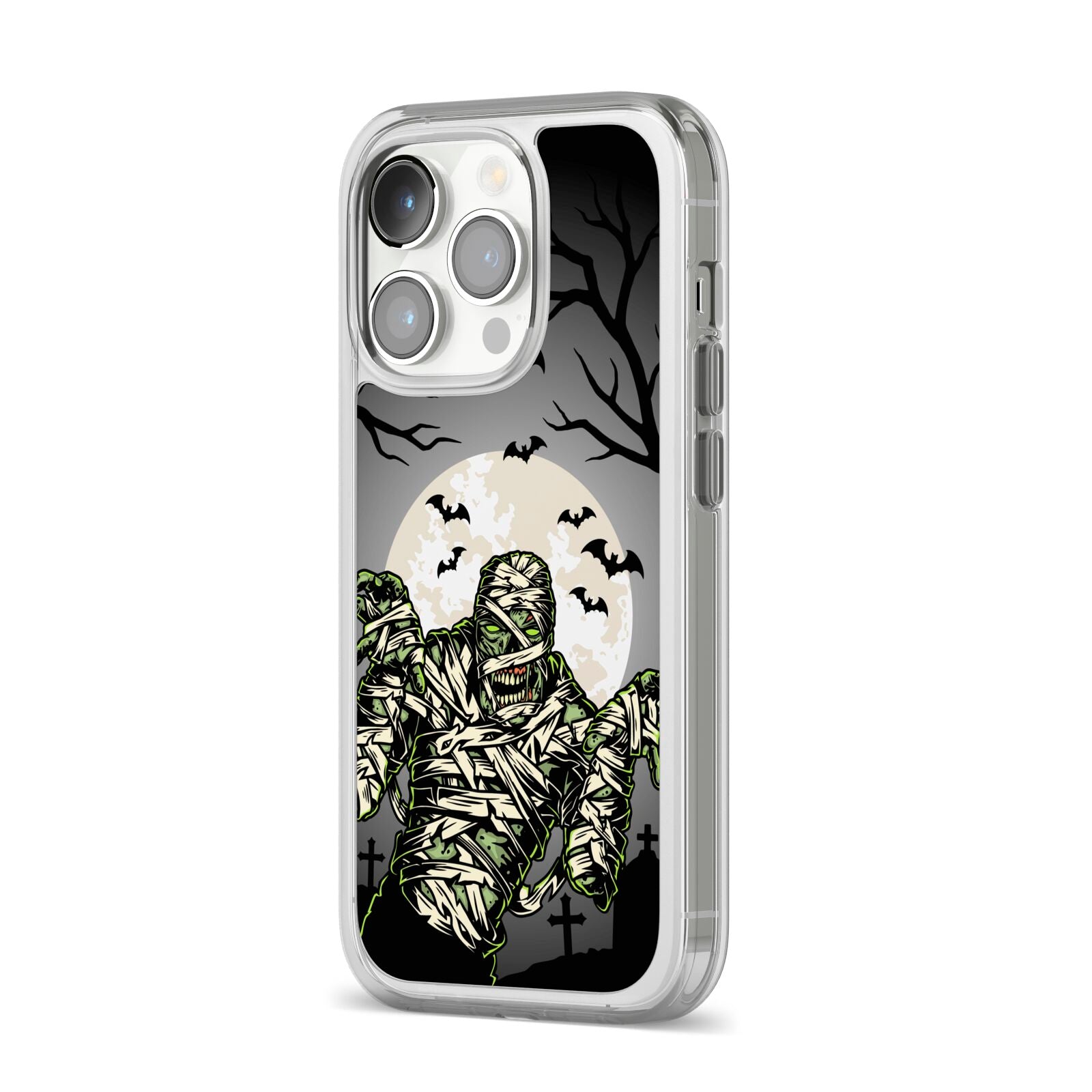 Halloween Mummy iPhone 14 Pro Clear Tough Case Silver Angled Image