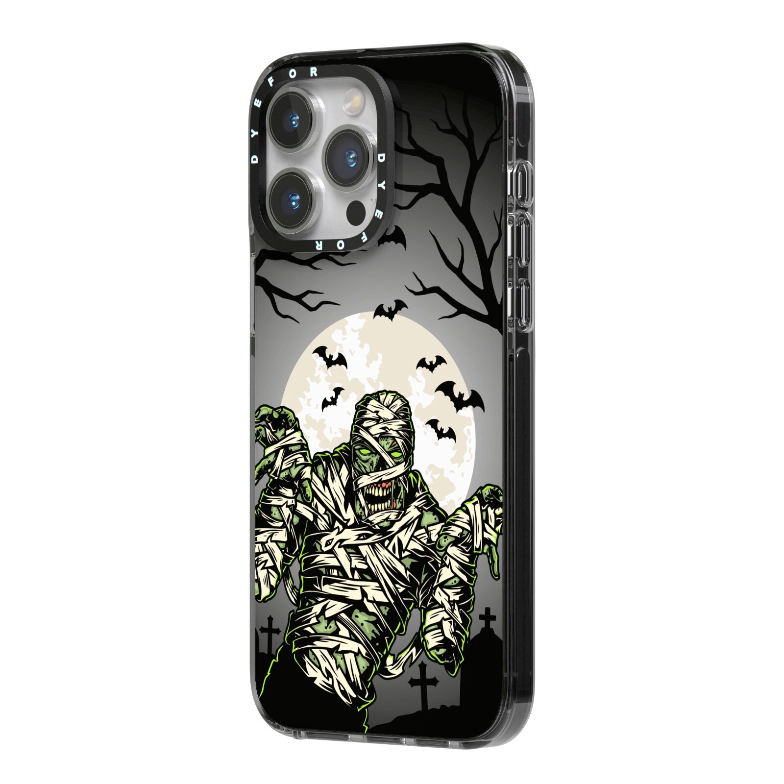 Halloween Mummy iPhone 14 Pro Max Black Impact Case Side Angle on Silver phone