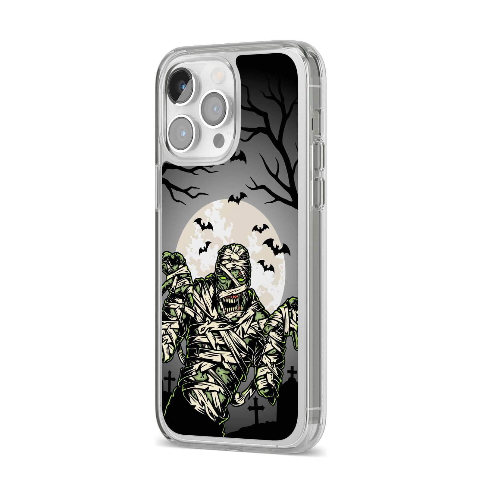 Halloween Mummy iPhone 14 Pro Max Clear Tough Case Silver Angled Image