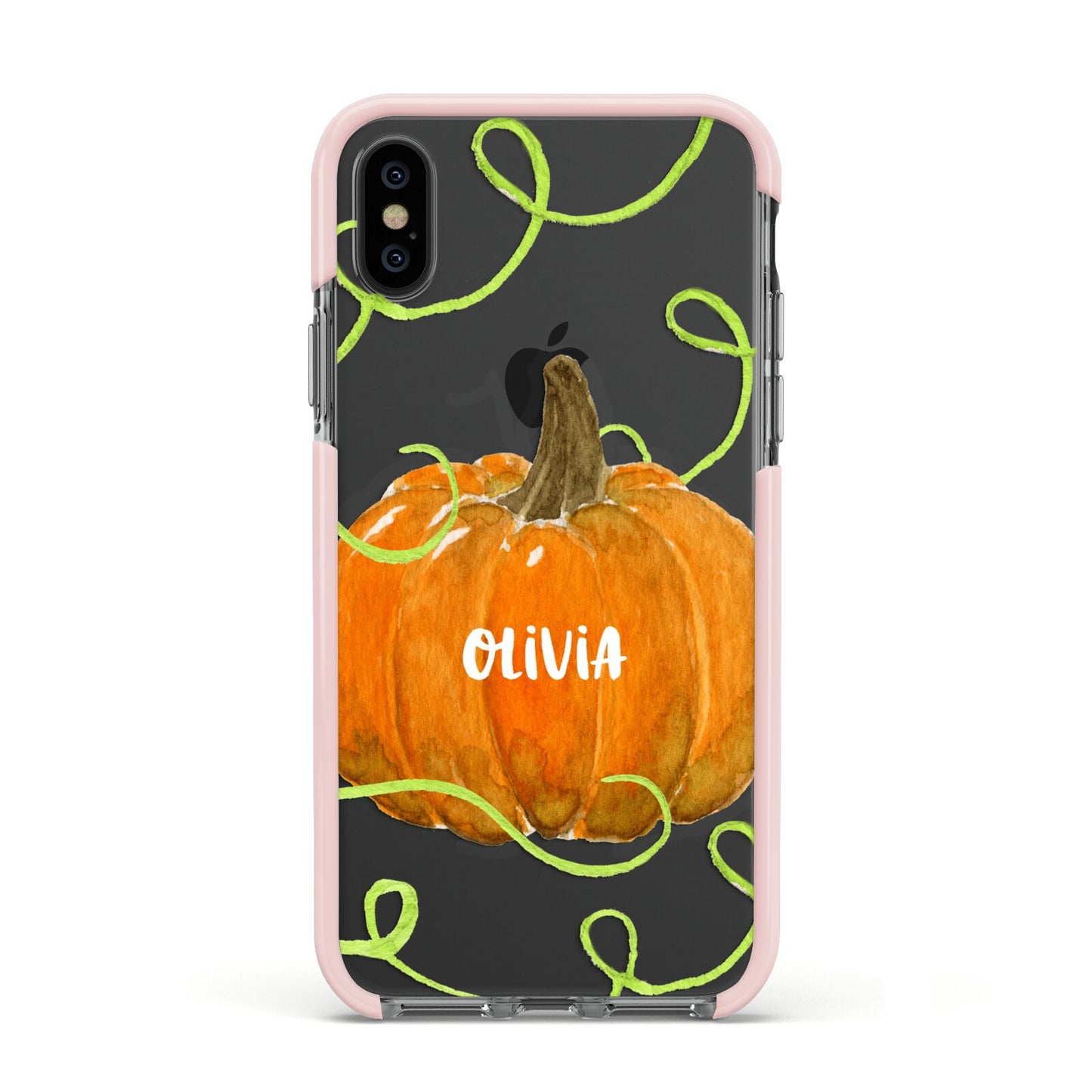 Halloween Pumpkin Personalised Apple iPhone Xs Impact Case Pink Edge on Black Phone