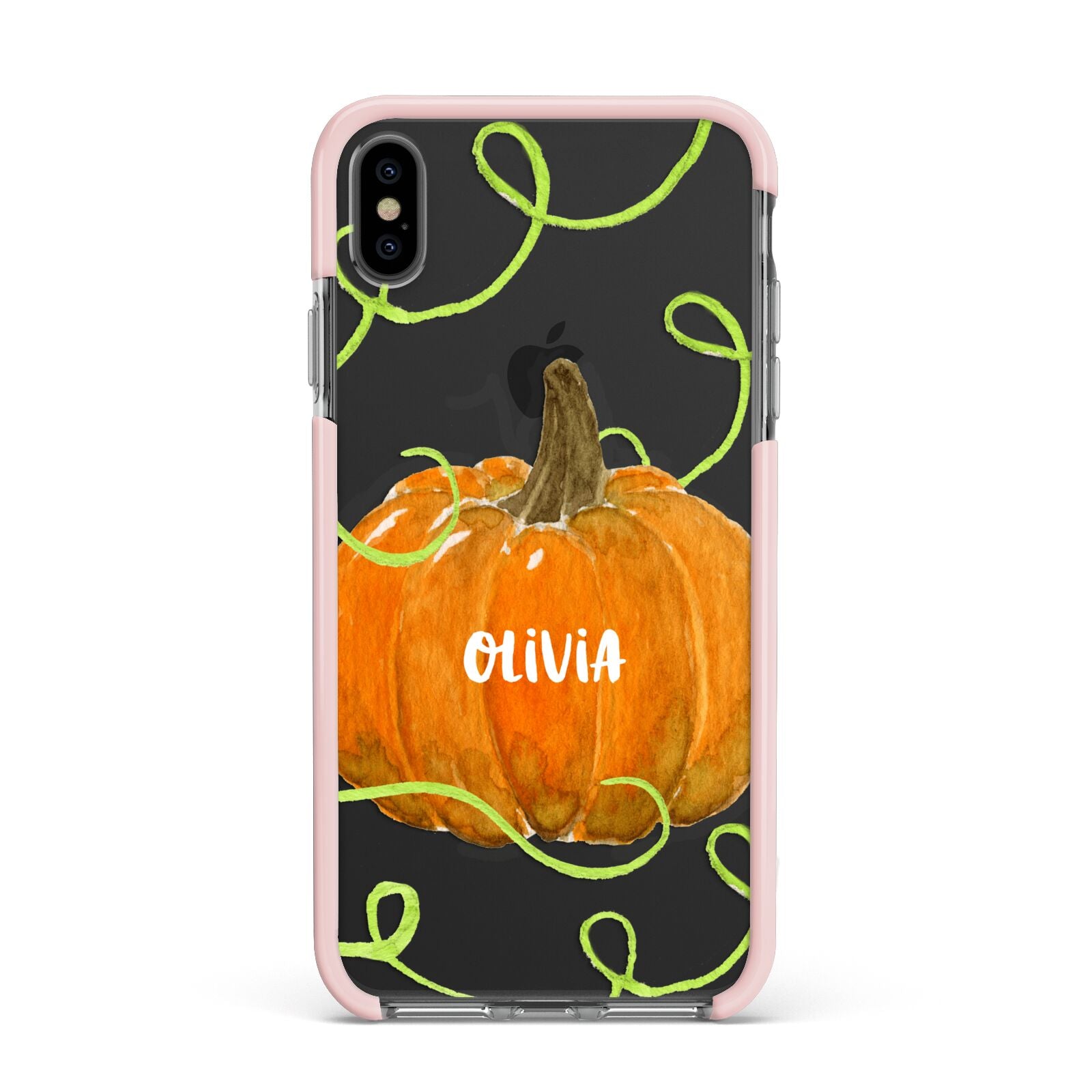 Halloween Pumpkin Personalised Apple iPhone Xs Max Impact Case Pink Edge on Black Phone