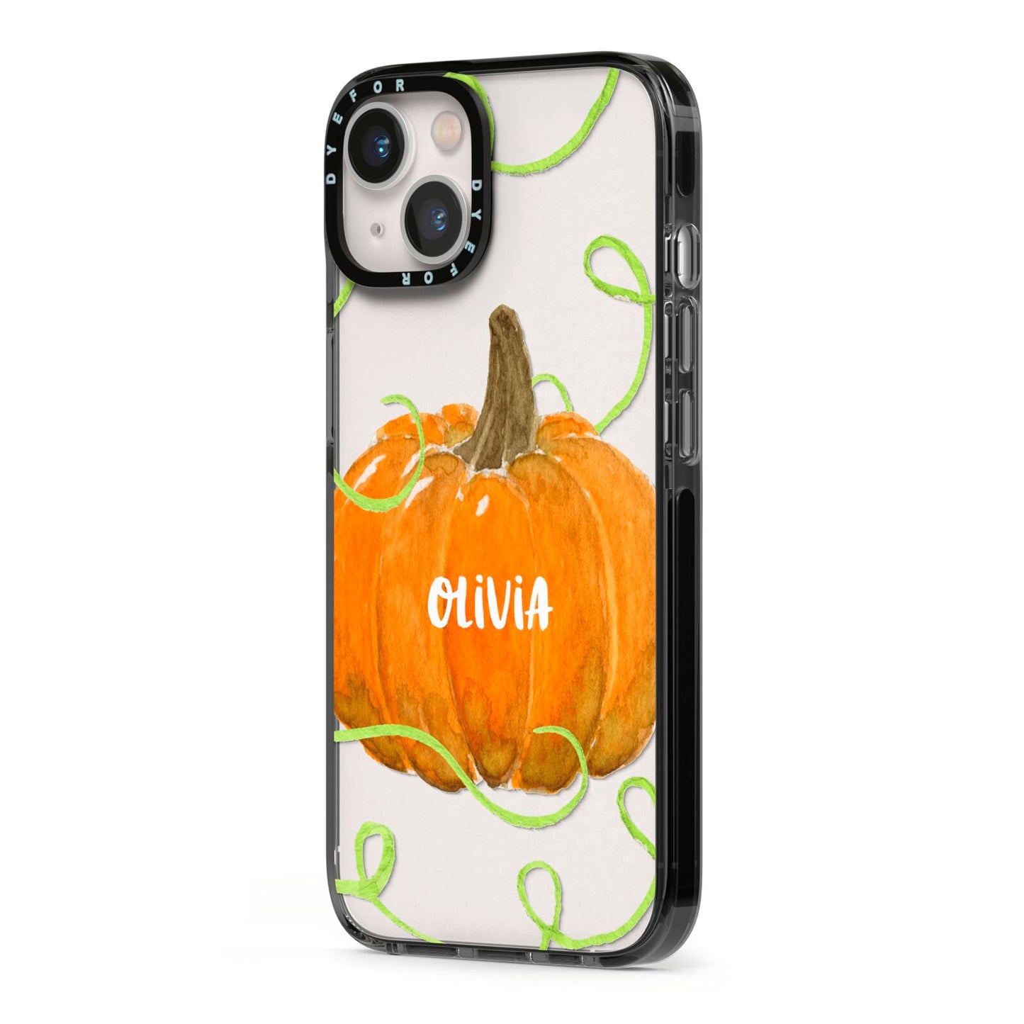 Halloween Pumpkin Personalised iPhone 13 Black Impact Case Side Angle on Silver phone