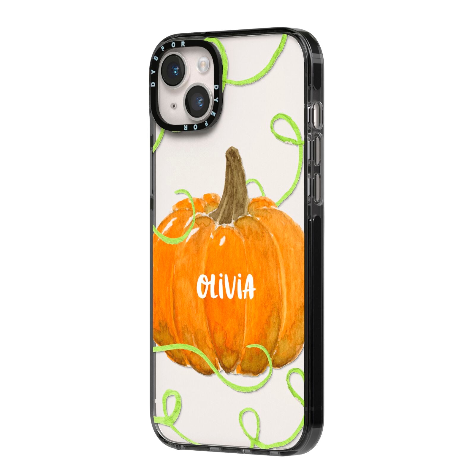 Halloween Pumpkin Personalised iPhone 14 Plus Black Impact Case Side Angle on Silver phone