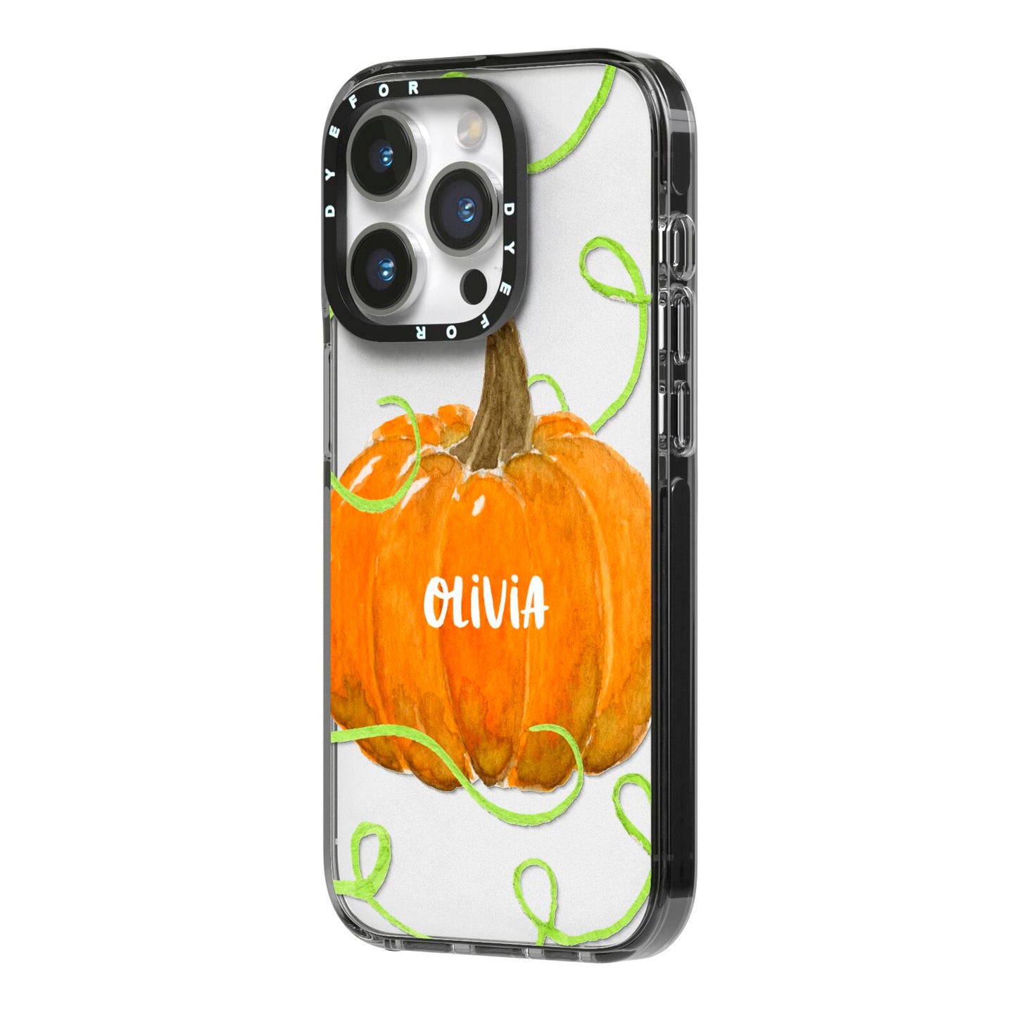 Halloween Pumpkin Personalised iPhone 14 Pro Black Impact Case Side Angle on Silver phone