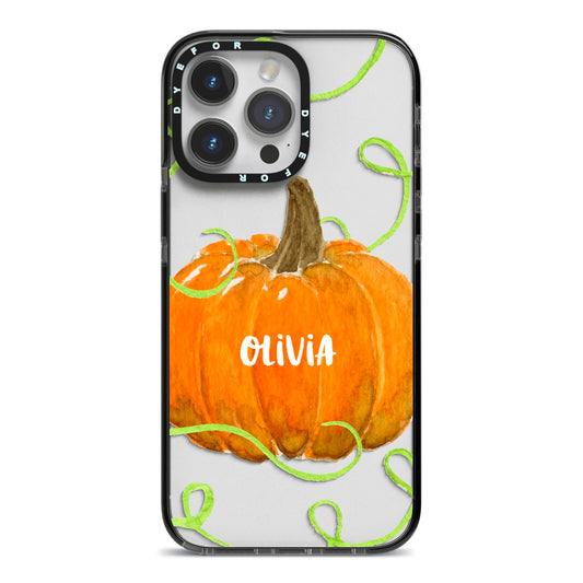 Halloween Pumpkin Personalised iPhone 14 Pro Max Black Impact Case on Silver phone