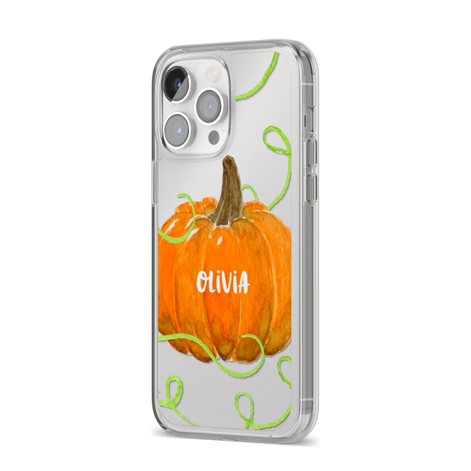Halloween Pumpkin Personalised iPhone 14 Pro Max Clear Tough Case Silver Angled Image
