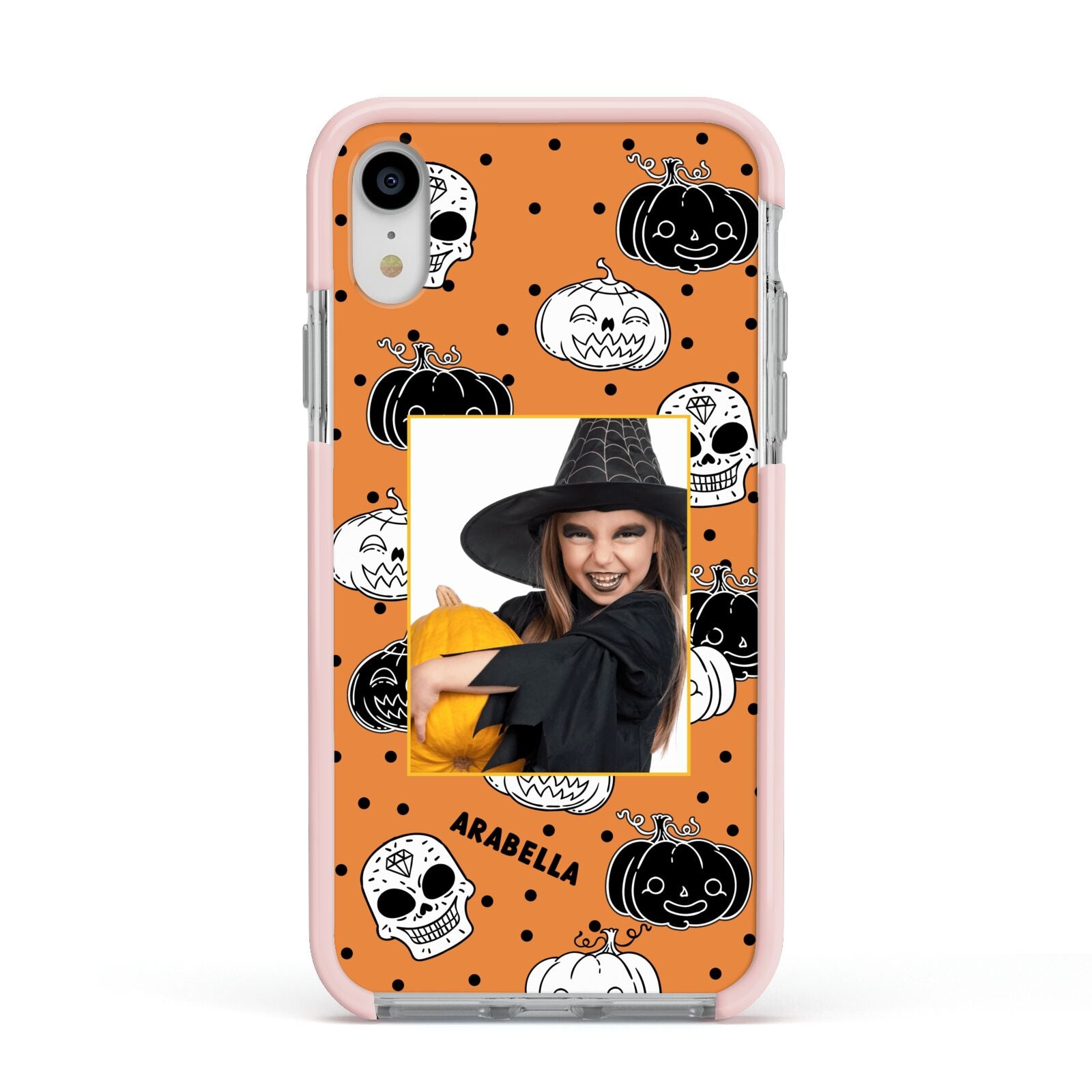 Halloween Pumpkins Photo Upload Apple iPhone XR Impact Case Pink Edge on Silver Phone