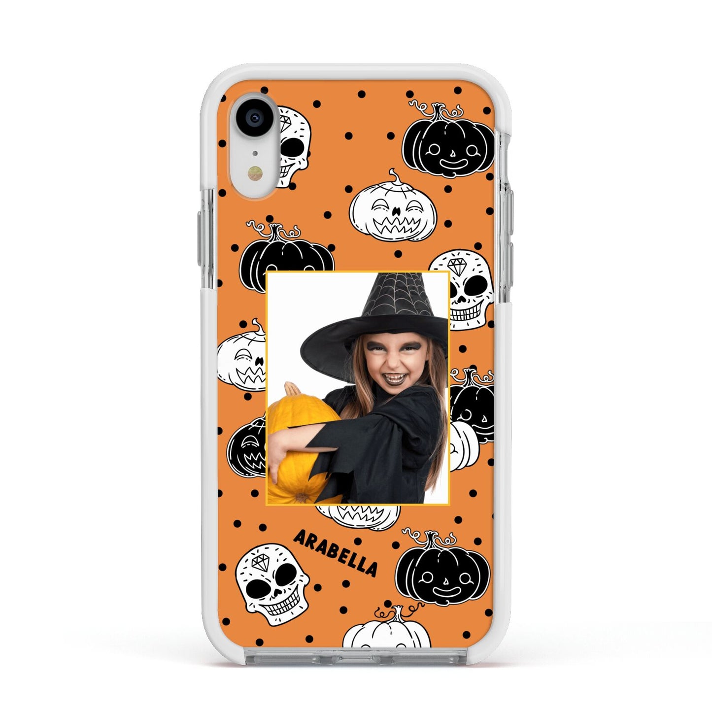 Halloween Pumpkins Photo Upload Apple iPhone XR Impact Case White Edge on Silver Phone