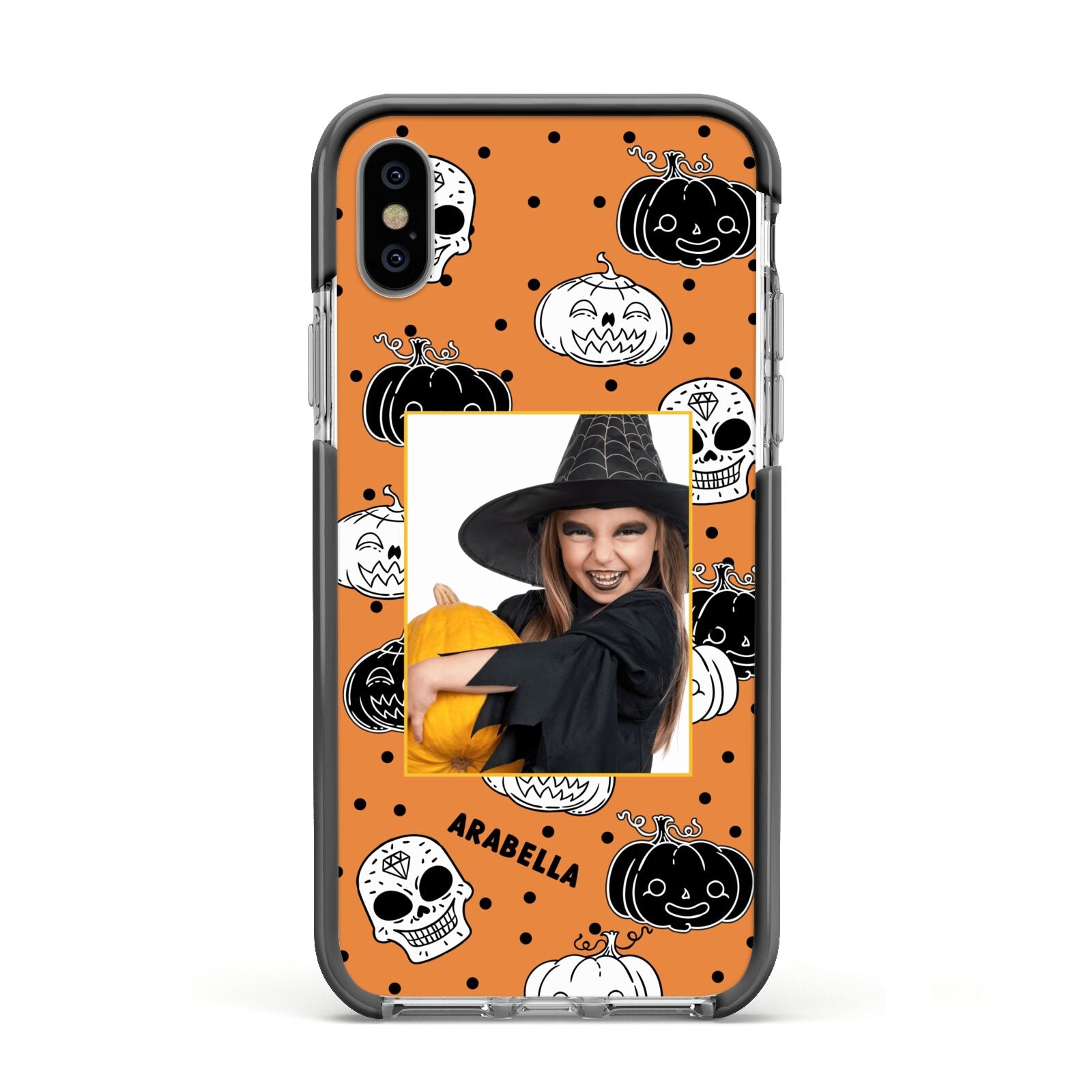 Halloween Pumpkins Photo Upload Apple iPhone Xs Impact Case Black Edge on Silver Phone