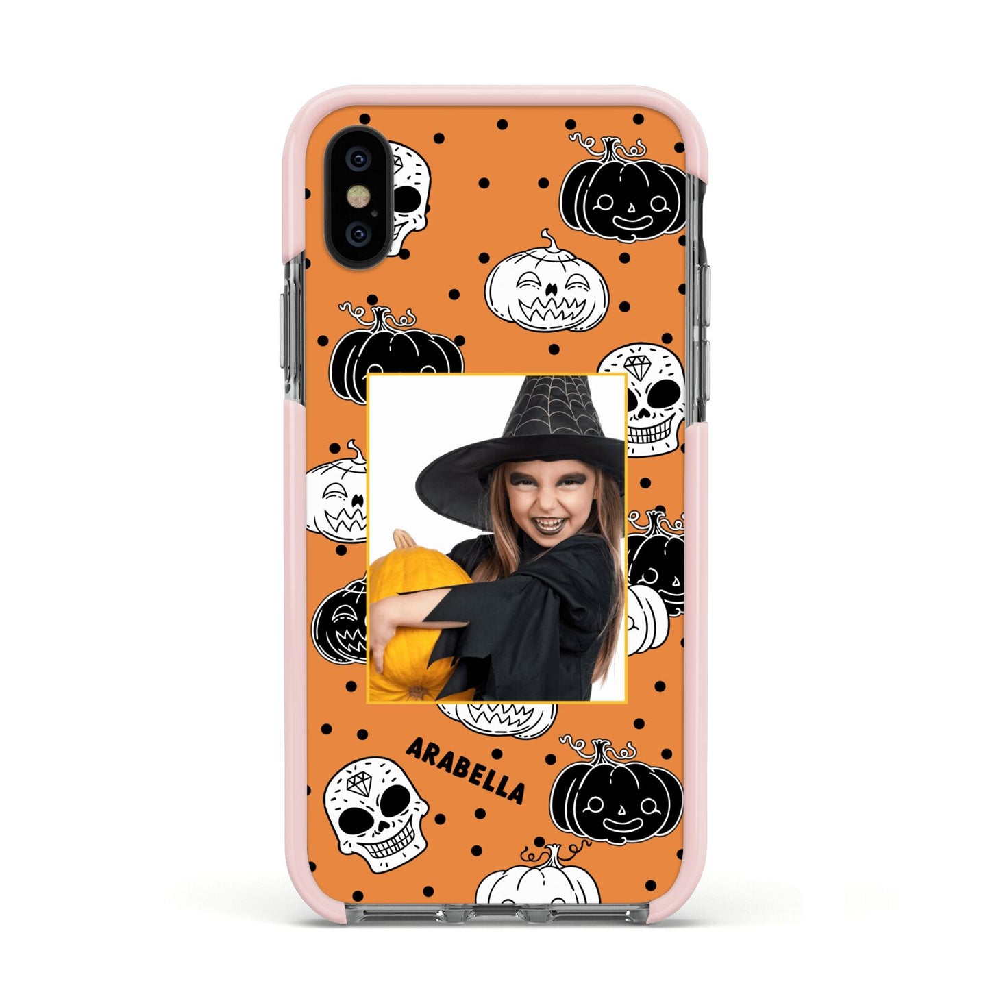Halloween Pumpkins Photo Upload Apple iPhone Xs Impact Case Pink Edge on Black Phone