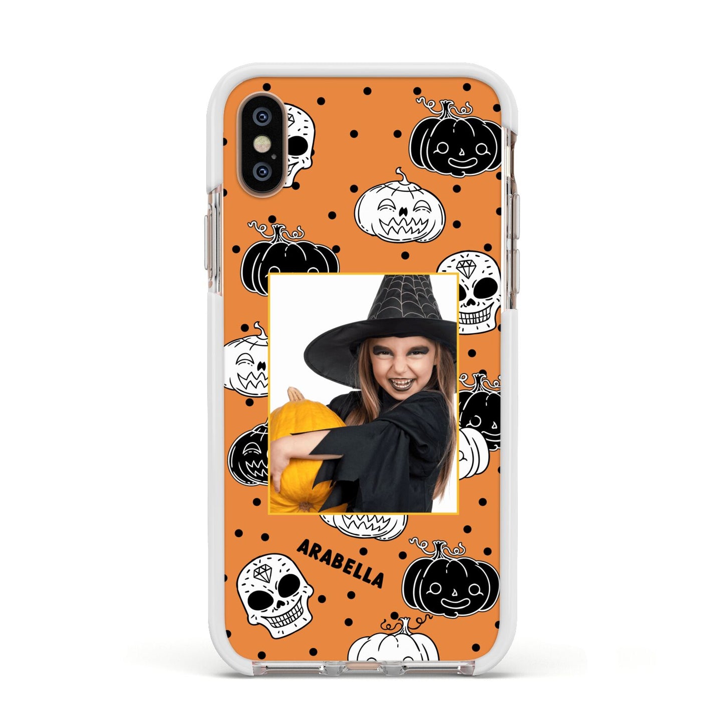 Halloween Pumpkins Photo Upload Apple iPhone Xs Impact Case White Edge on Gold Phone