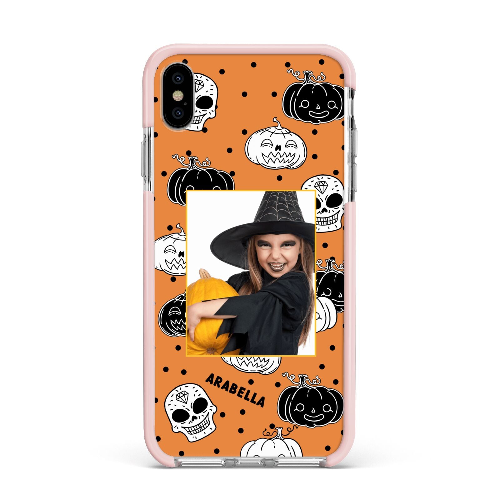 Halloween Pumpkins Photo Upload Apple iPhone Xs Max Impact Case Pink Edge on Silver Phone